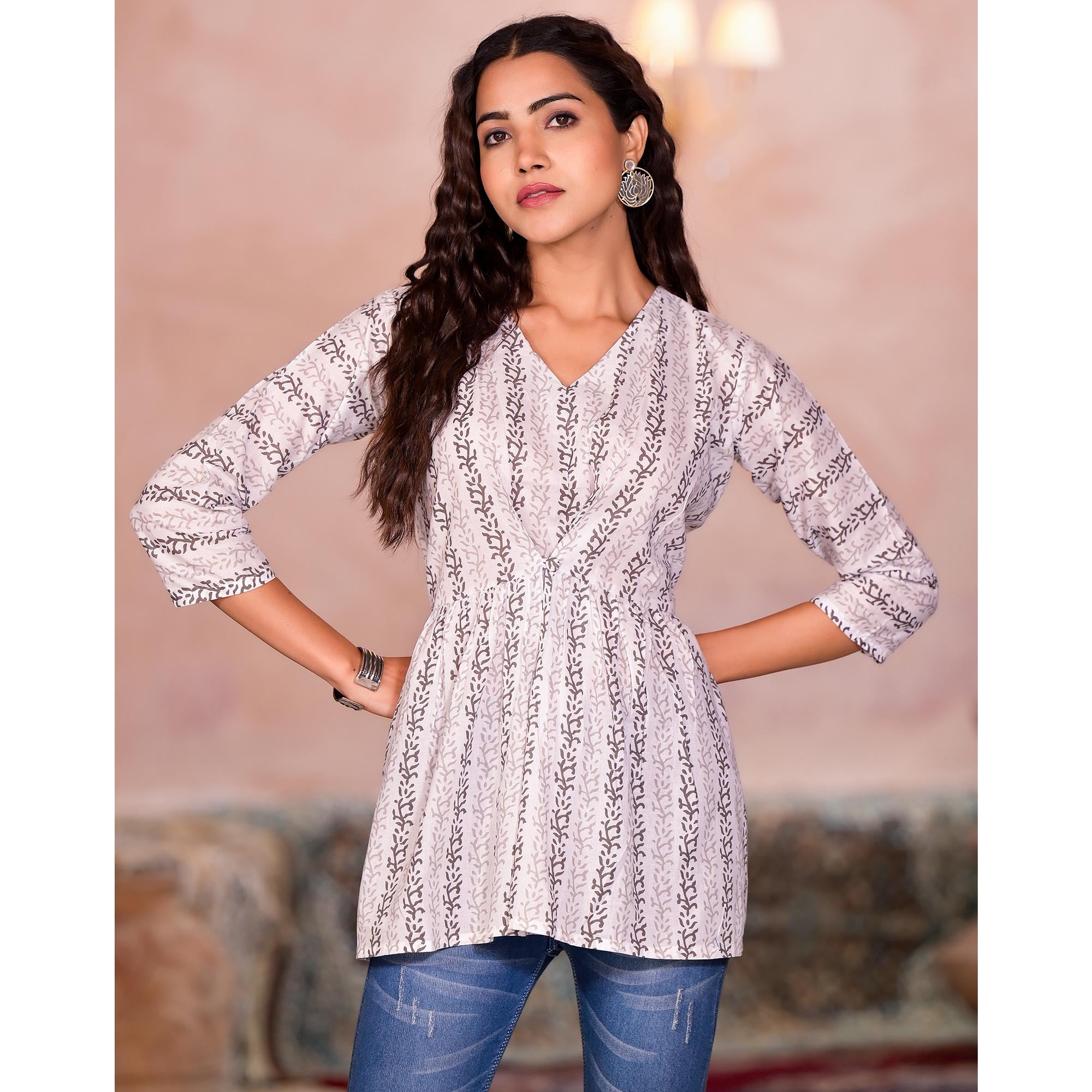 White & Brown Printed Pure Cotton A-Line Top