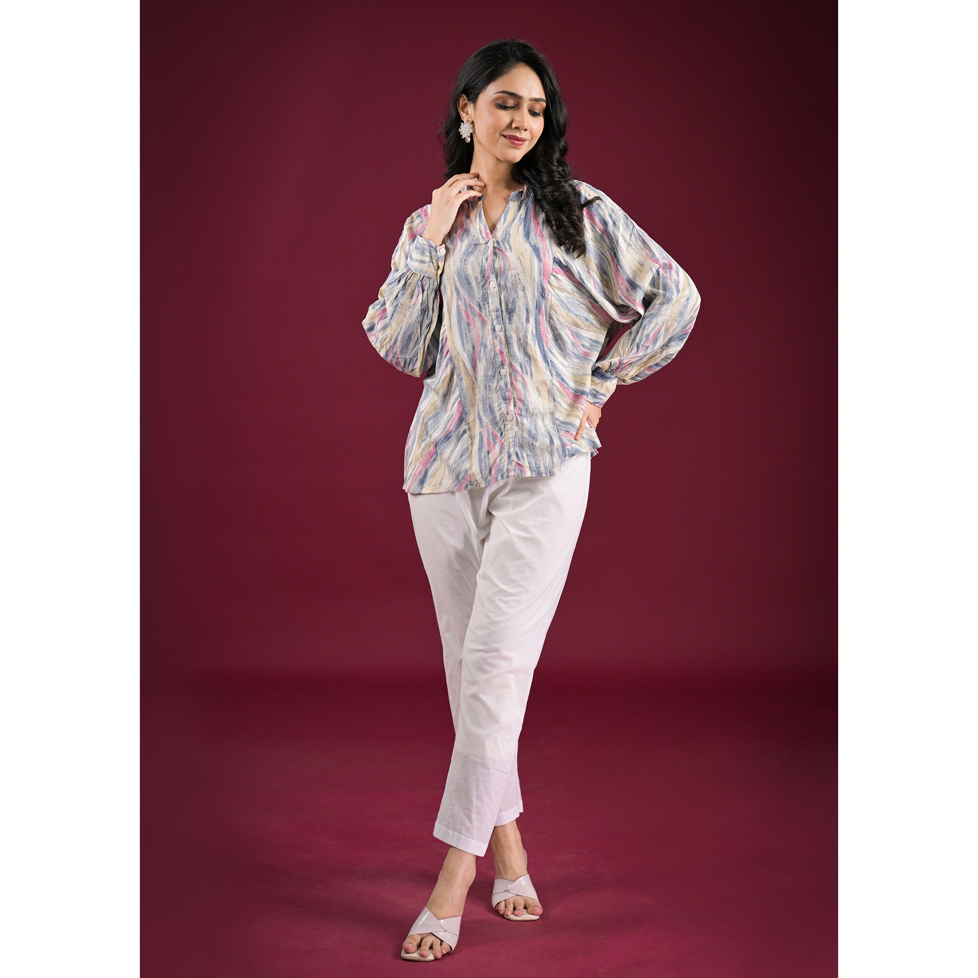 Blue Foil Printed Chanderi Silk A-Line Top