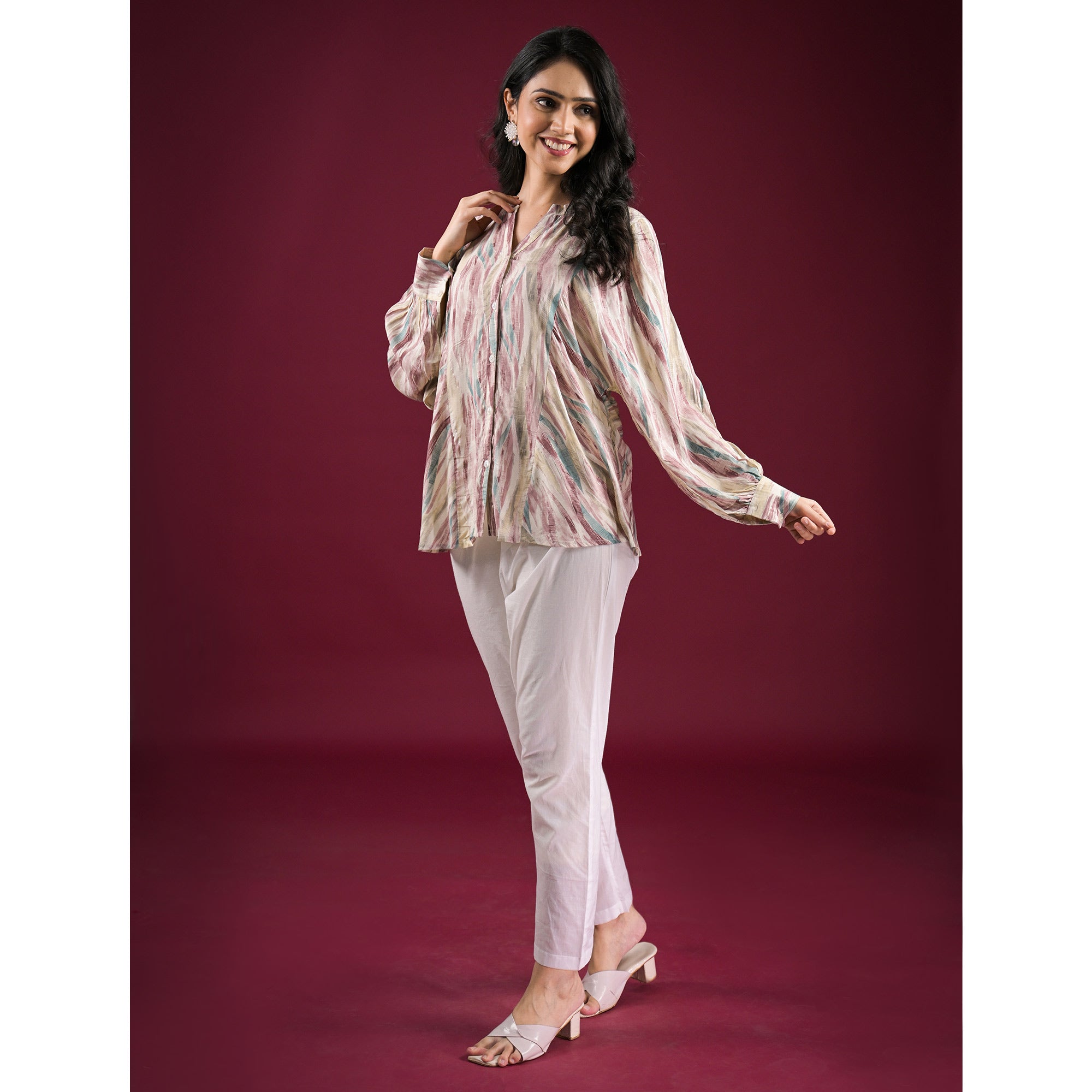 Turquoise Foil Printed Chanderi Silk A-Line Top