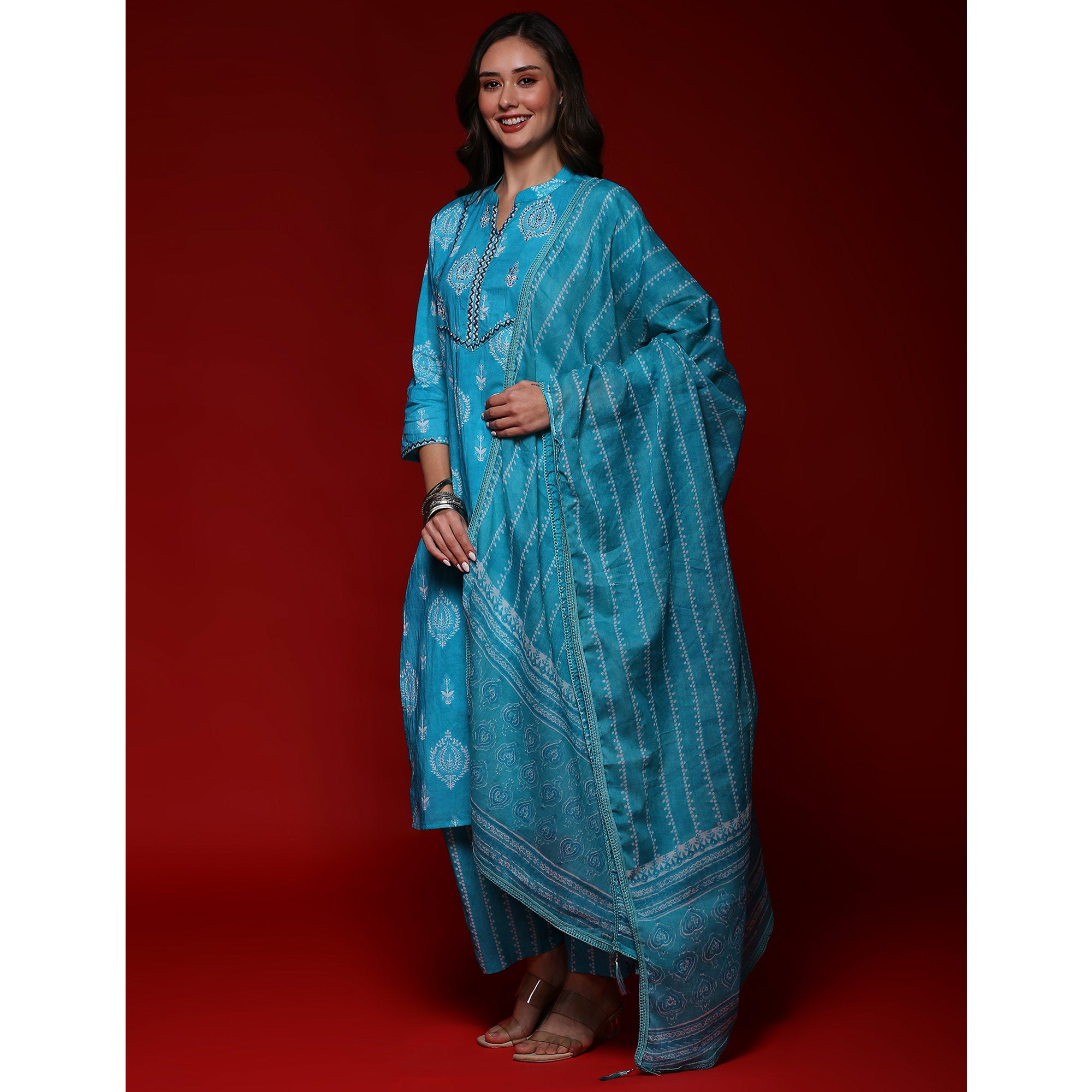 Turquoise Printed Pure Cotton Straight Salwar Suit