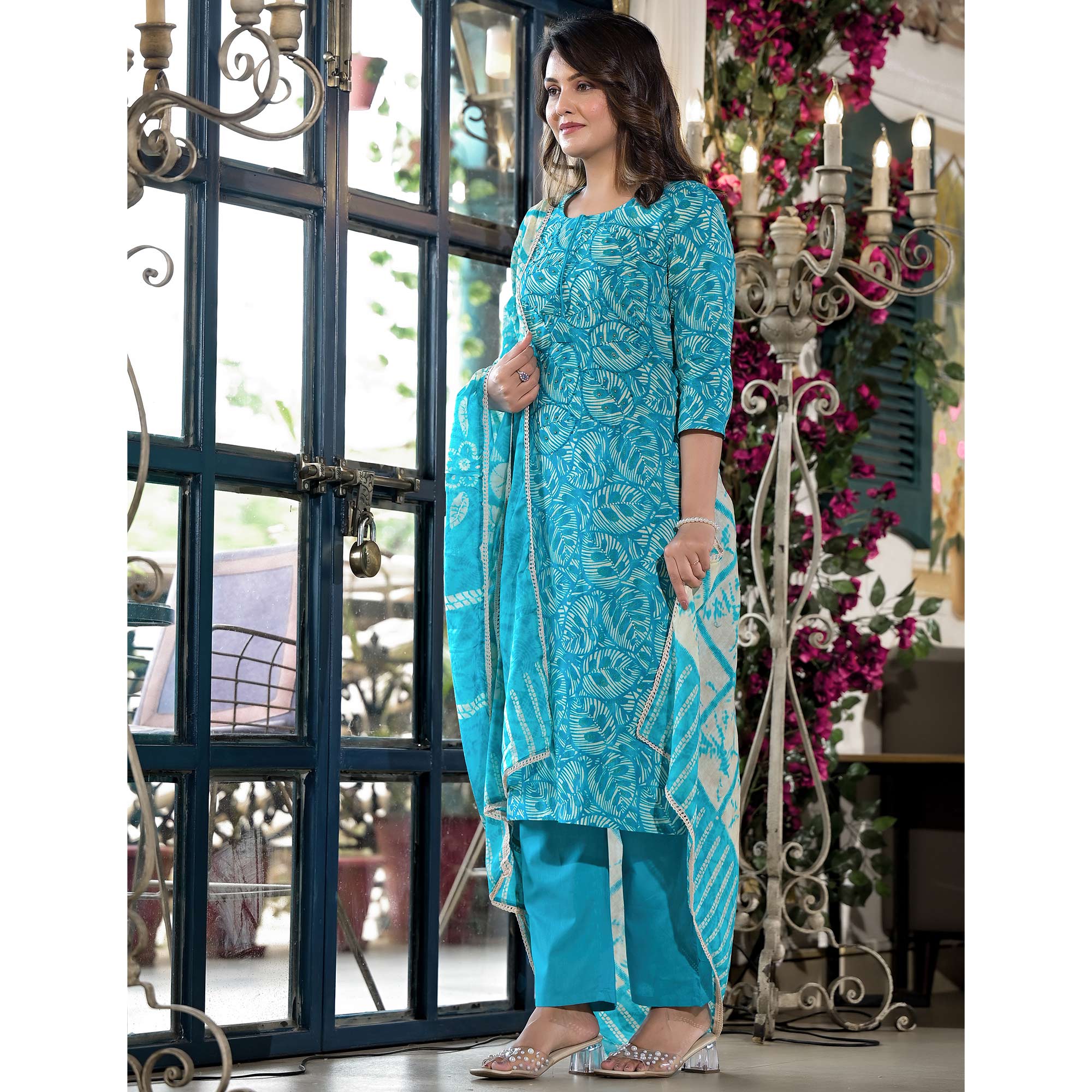 Sky Blue Floral Printed Pure Cotton Straight Salwar Suit