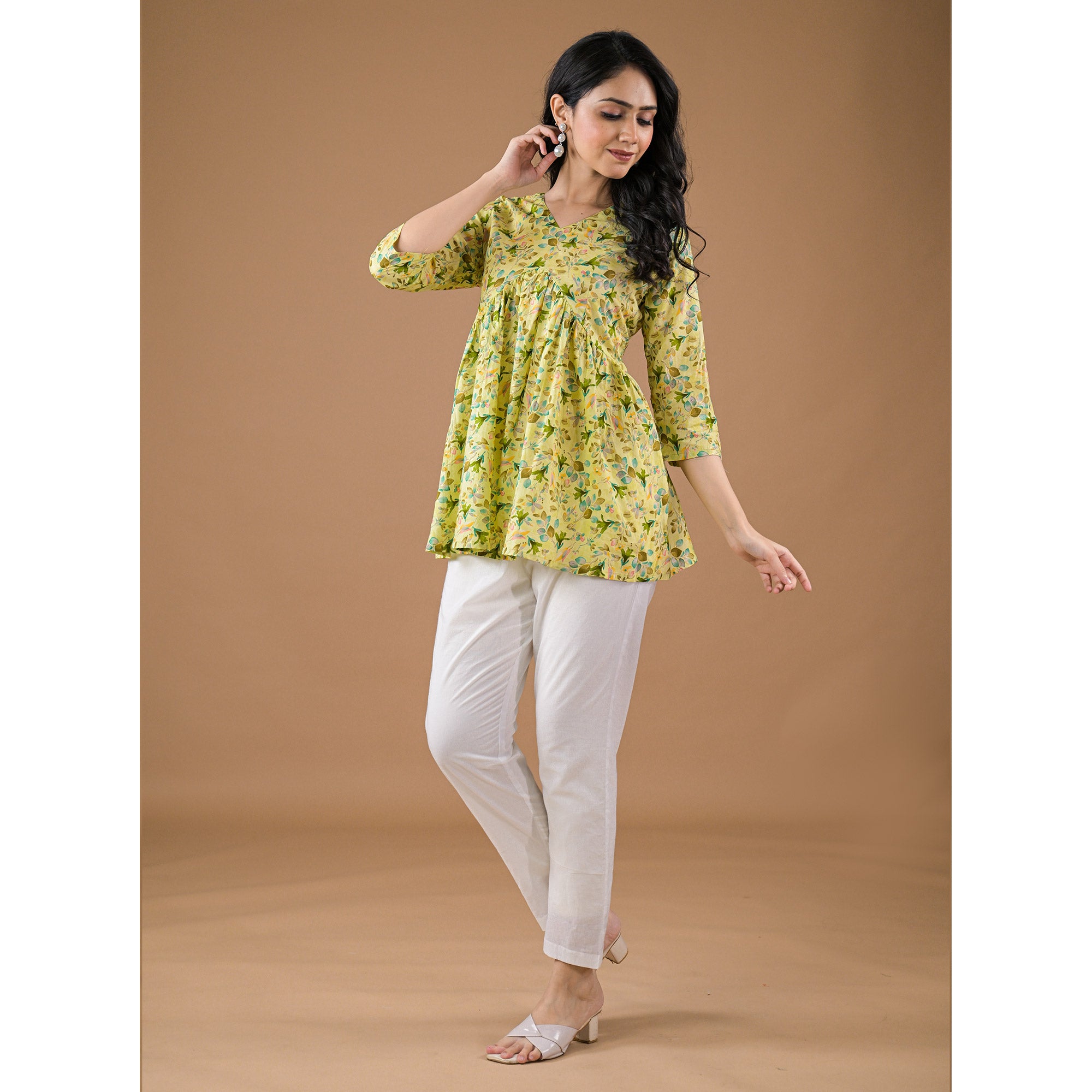 Green Floral Printed Pure Cotton A-Line Top