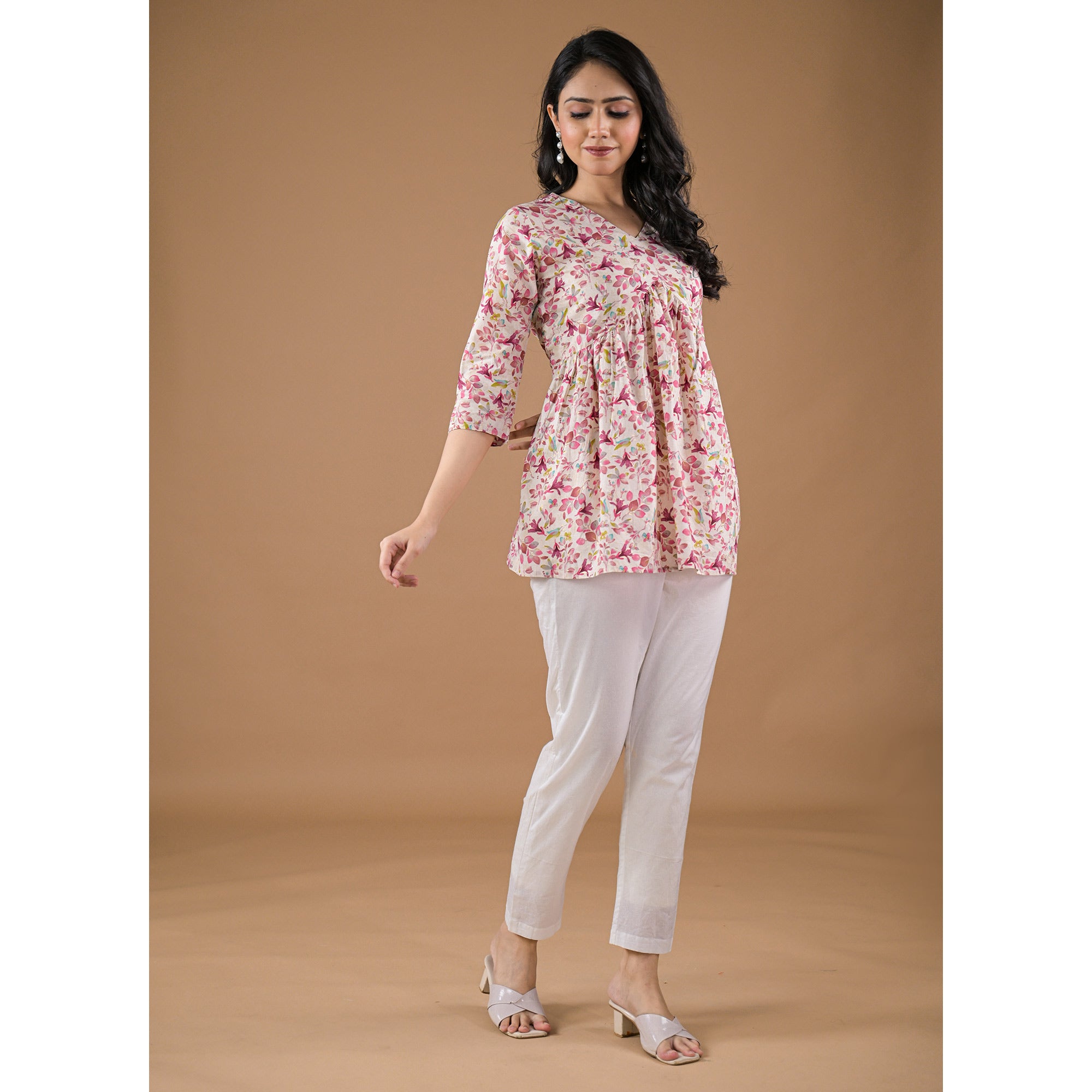 Wine Floral Printed Pure Cotton A-Line Top