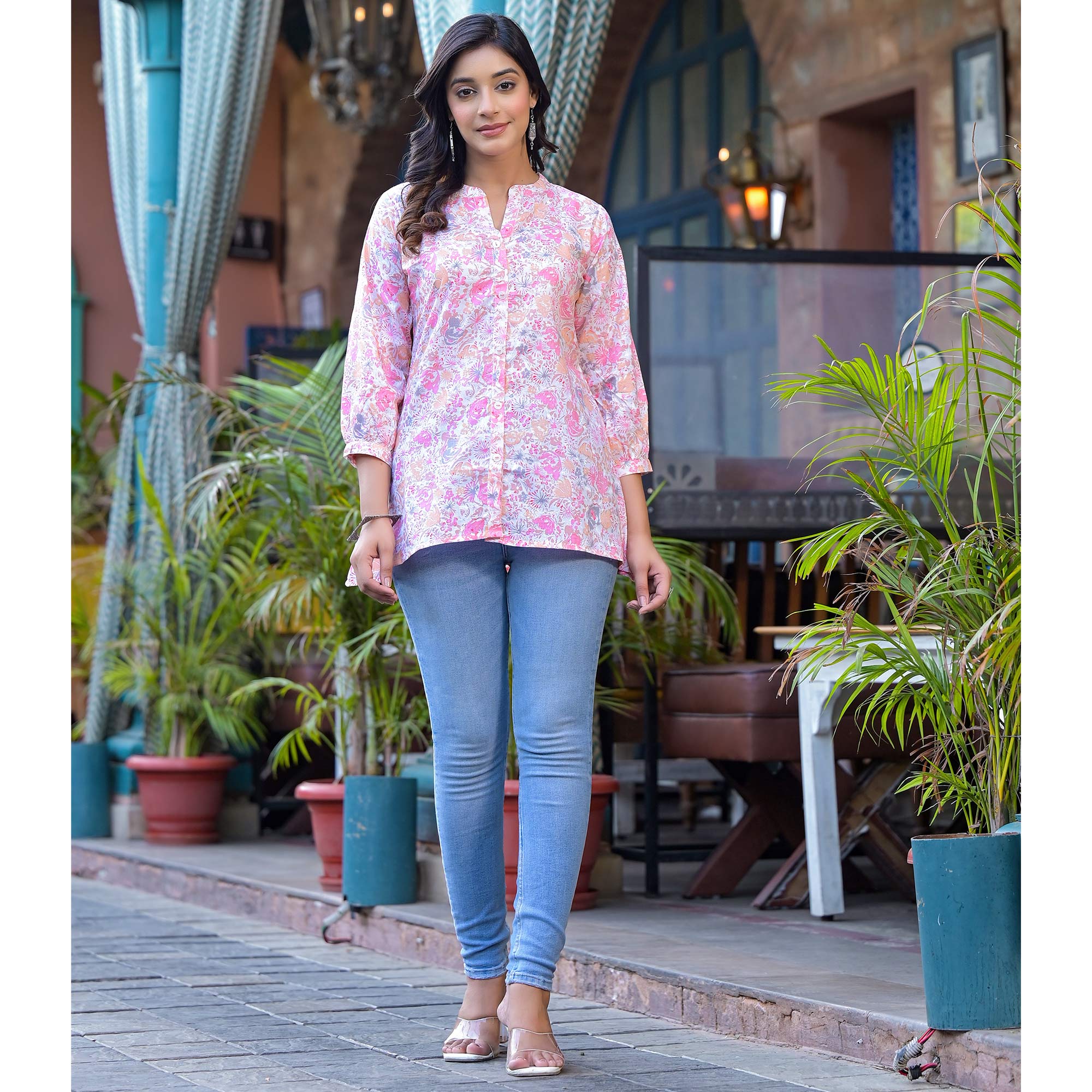 Pink Floral Printed Pure Cotton A-Line Top