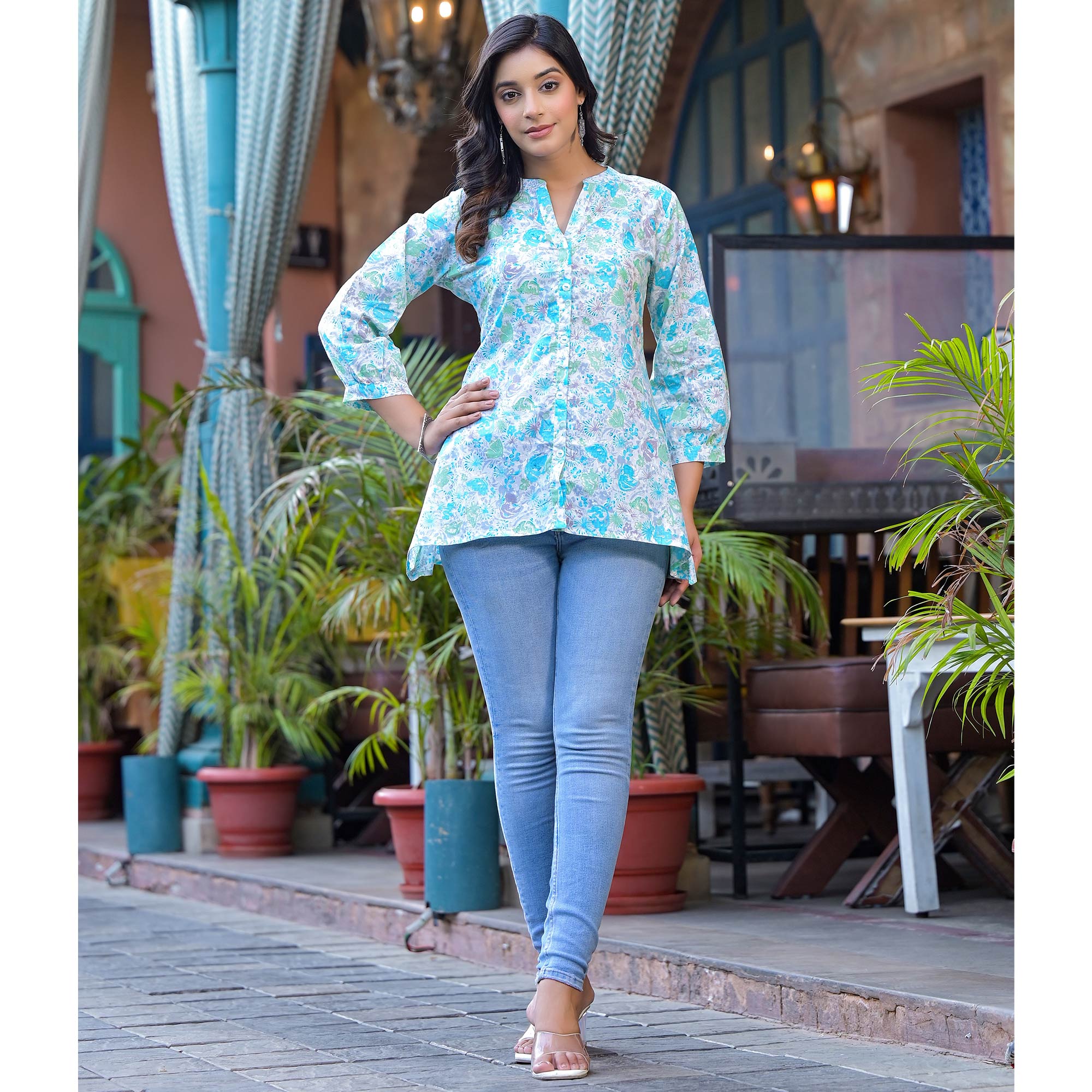 Sky Blue Floral Printed Pure Cotton A-Line Top