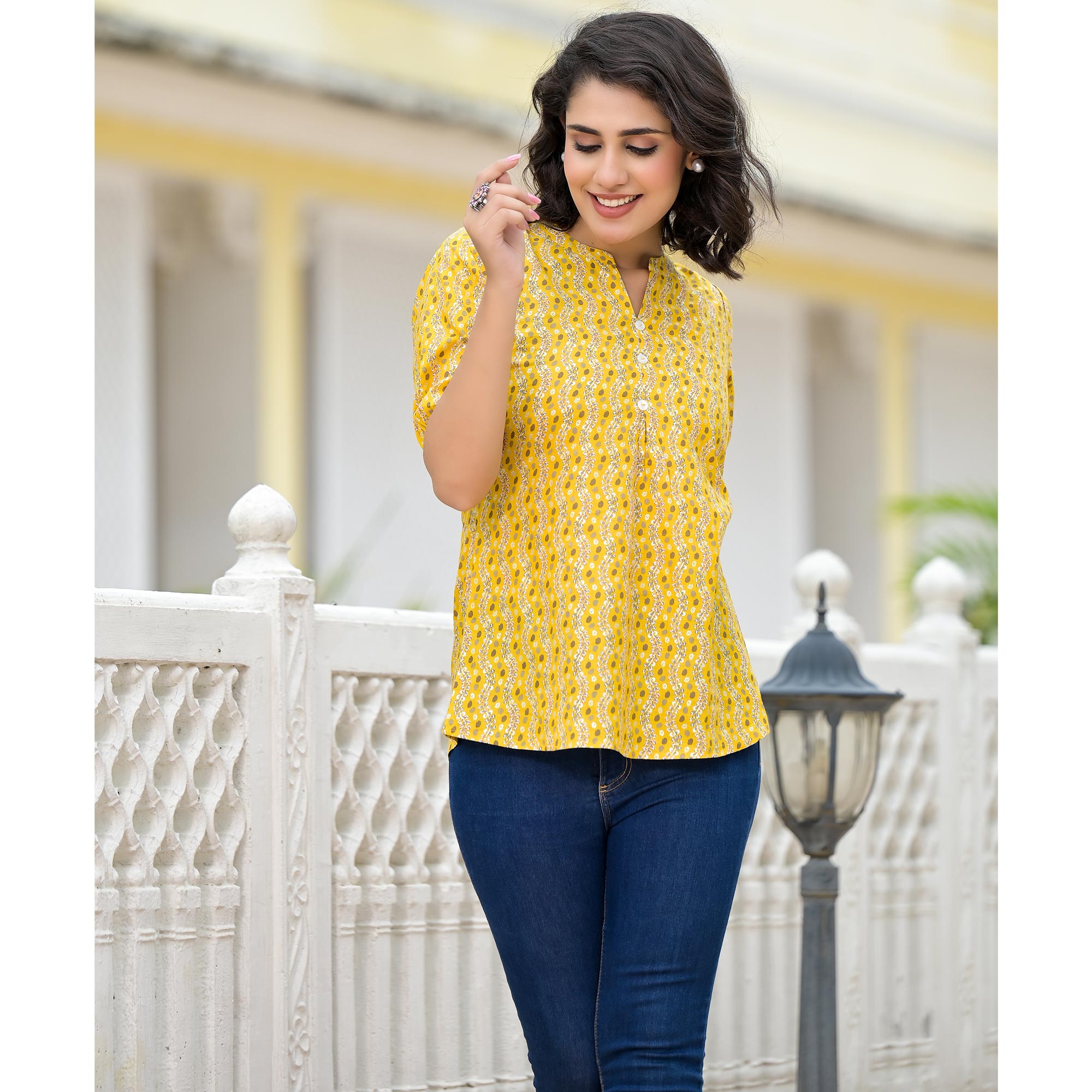 Yellow Foil Printed Pure Cotton A-Line Top