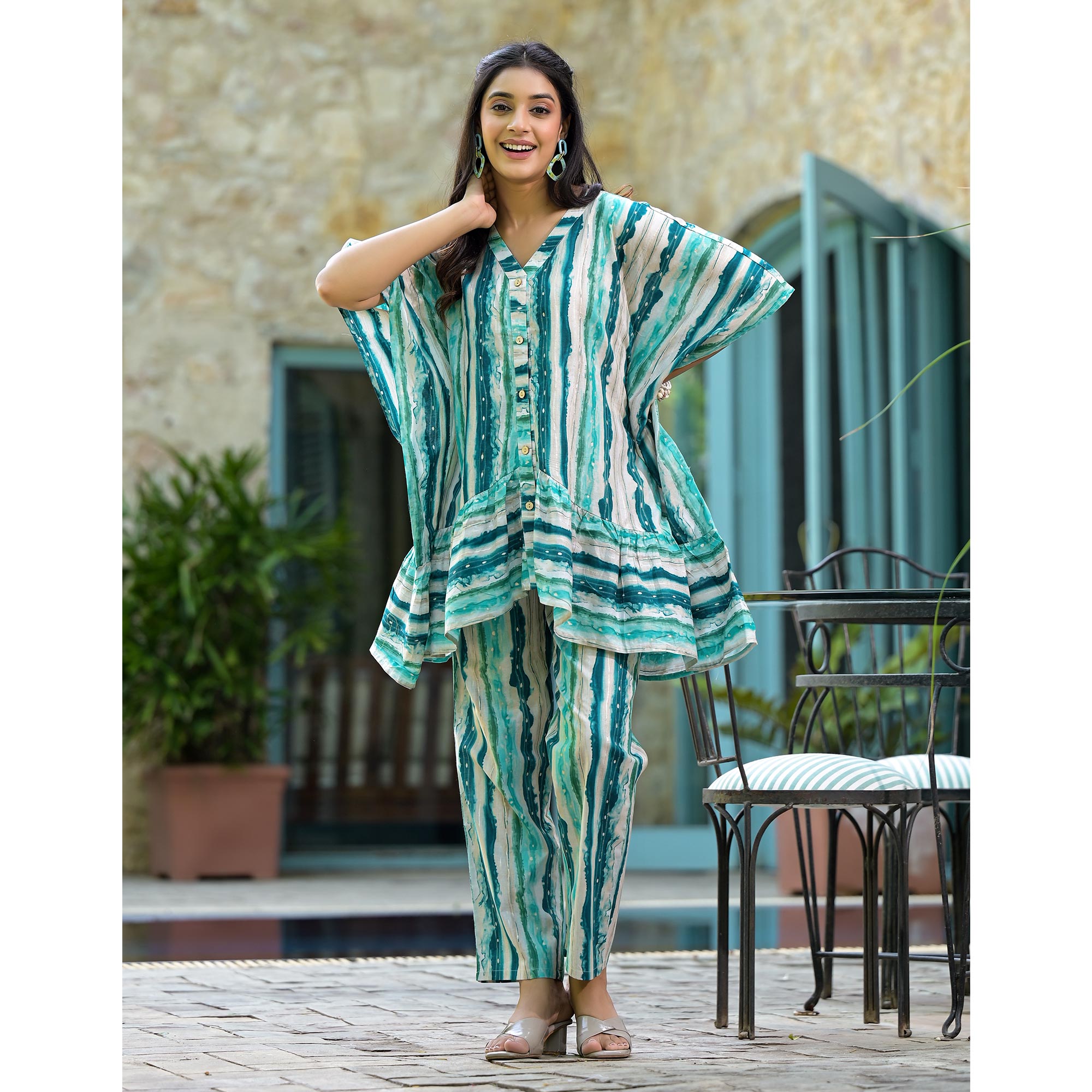 Blue Foil Printed Cambric Cotton Kaftan Style Co-Ord Set