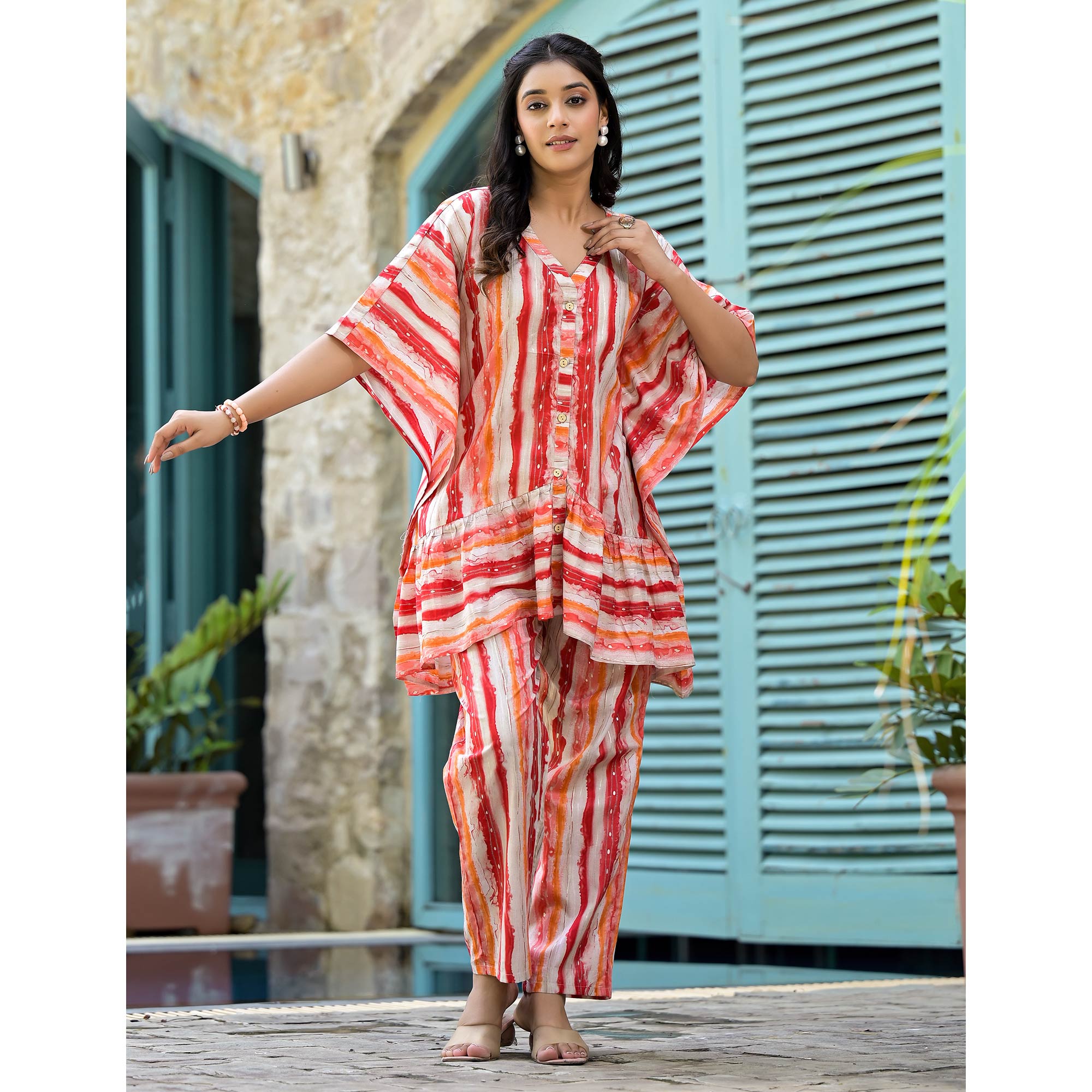 Red Foil Printed Cambric Cotton Kaftan Style Co-Ord Set