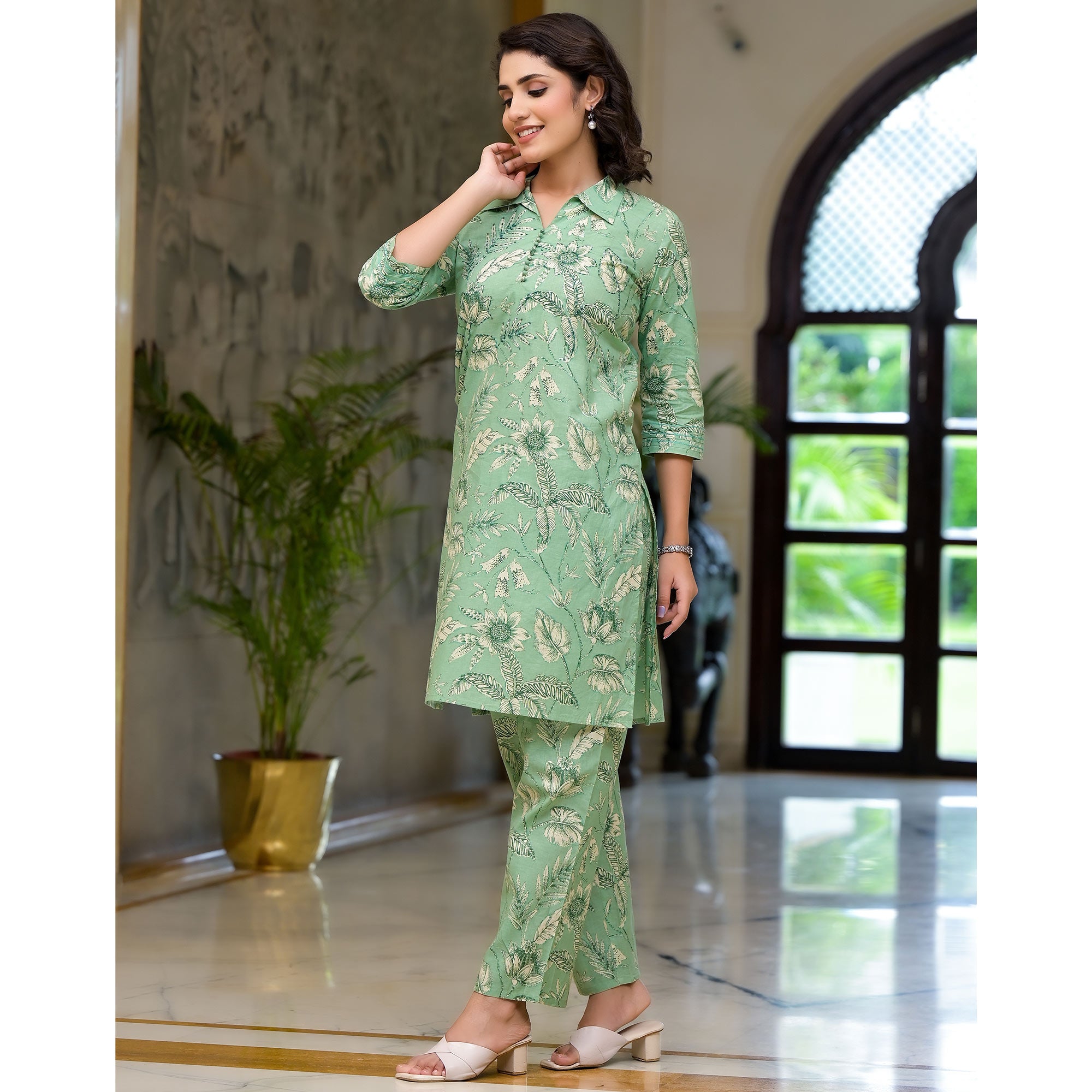 Green Floral Printed Pure Cotton Co-ord Set