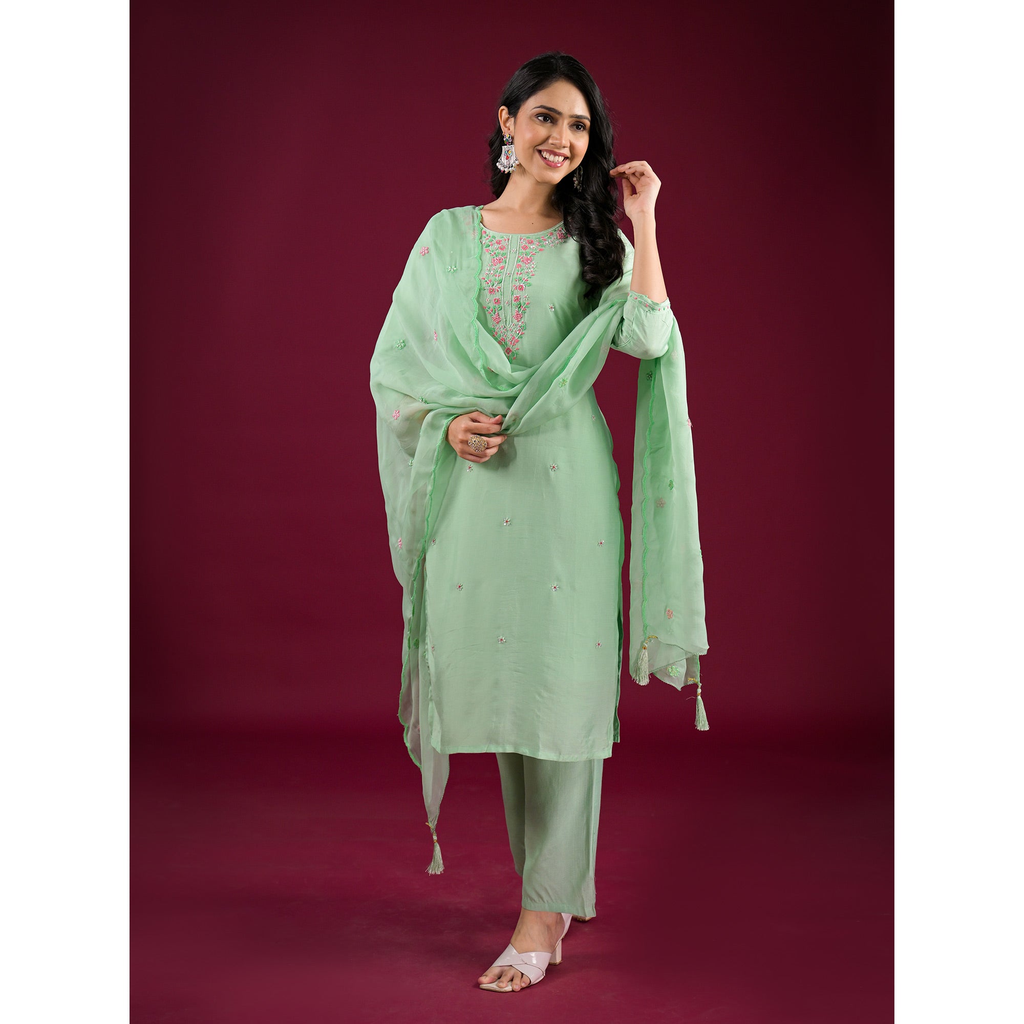Pista Green Embroidered Muslin Straight Salwar Suit
