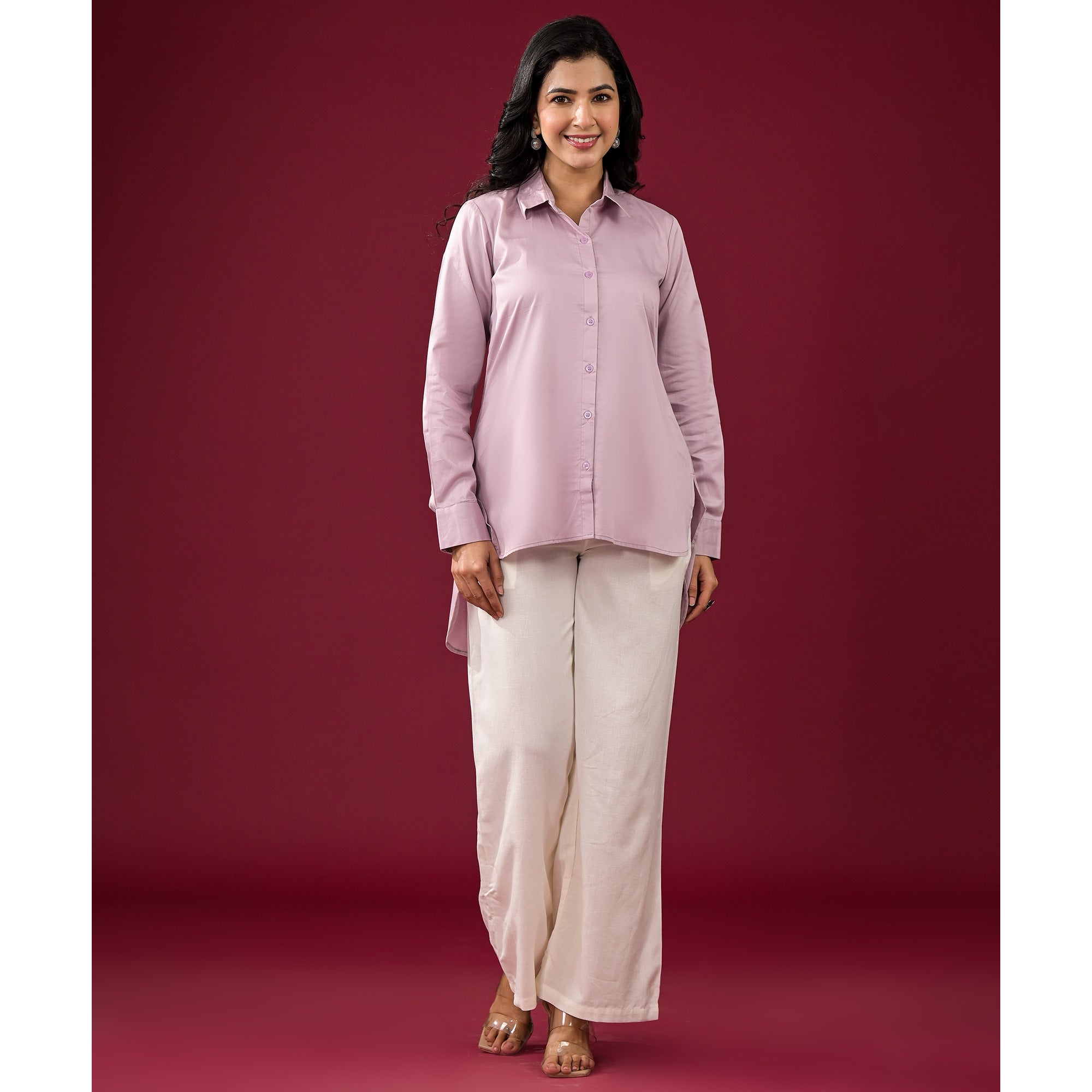 Lavender Solid Satin High-Low Shirt