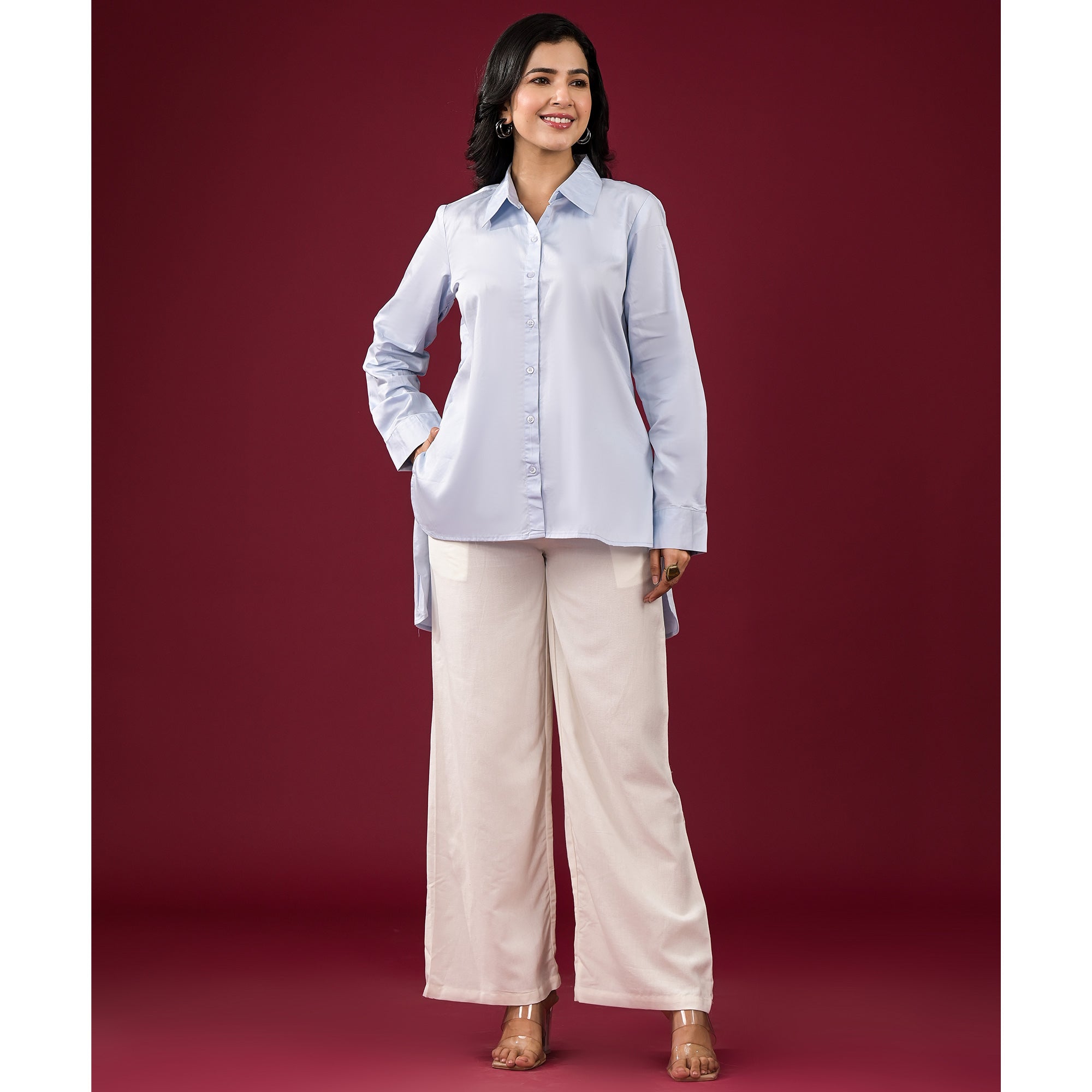 Light Blue Solid Satin High-Low Shirt