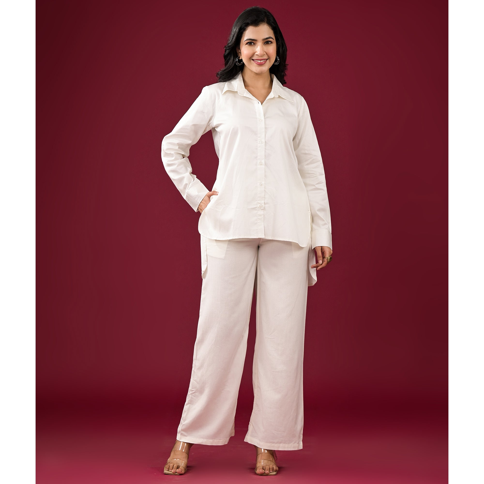 Off White Solid Satin High-Low Shirt