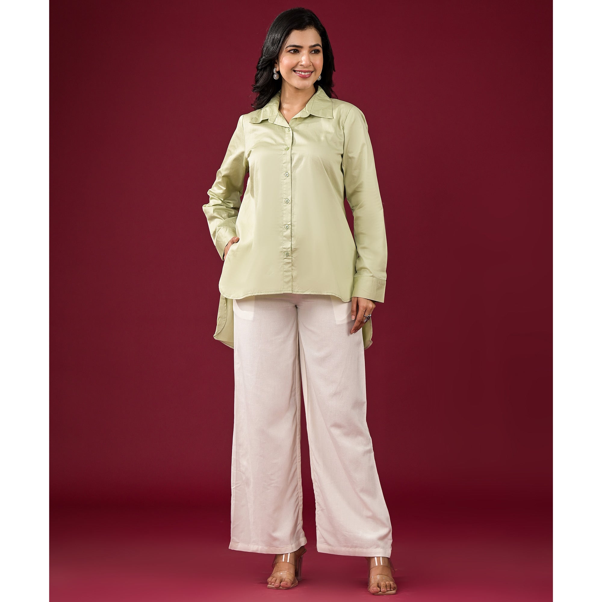 Pista Green Solid Satin High-Low Shirt