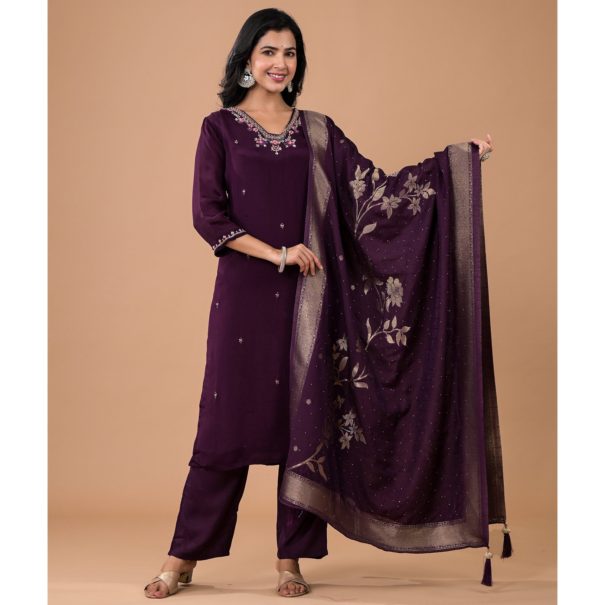 Purple Embroiderd Chinon Straight Salwar Suit