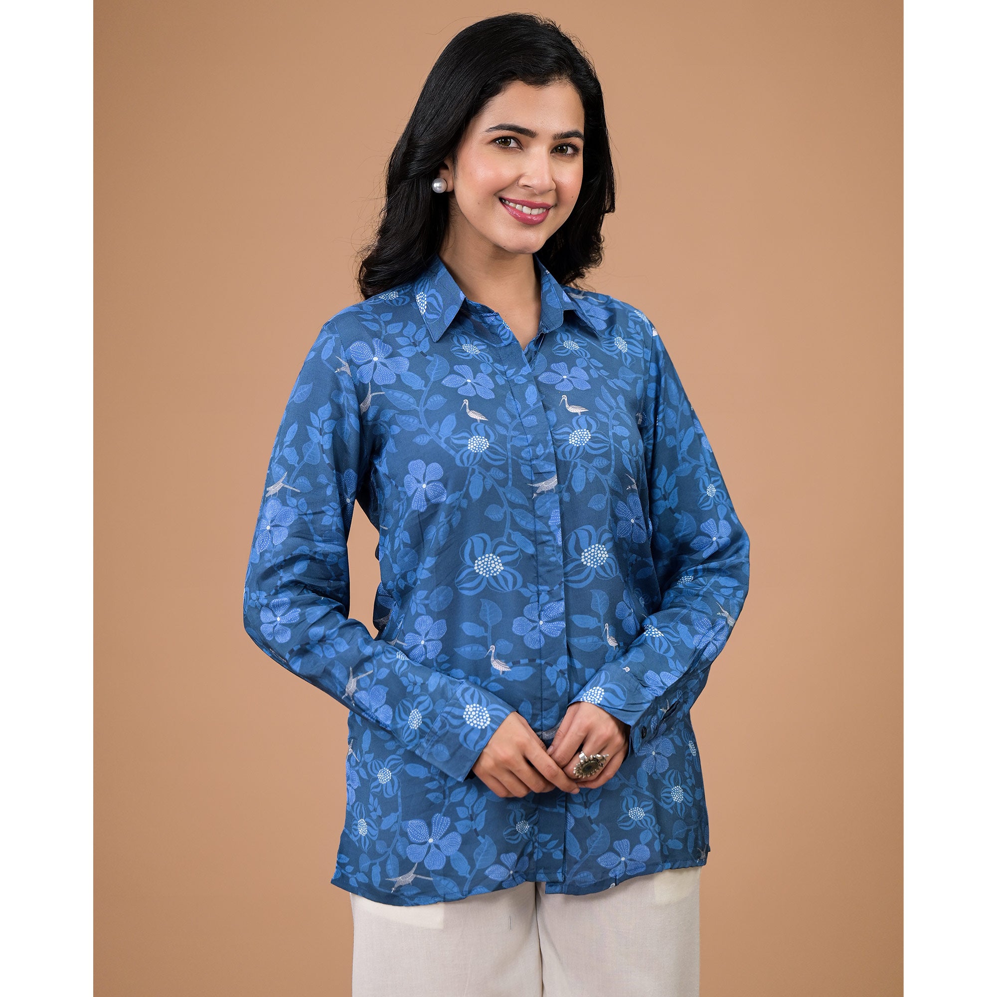 Blue Foil Printed Muslin Shirt