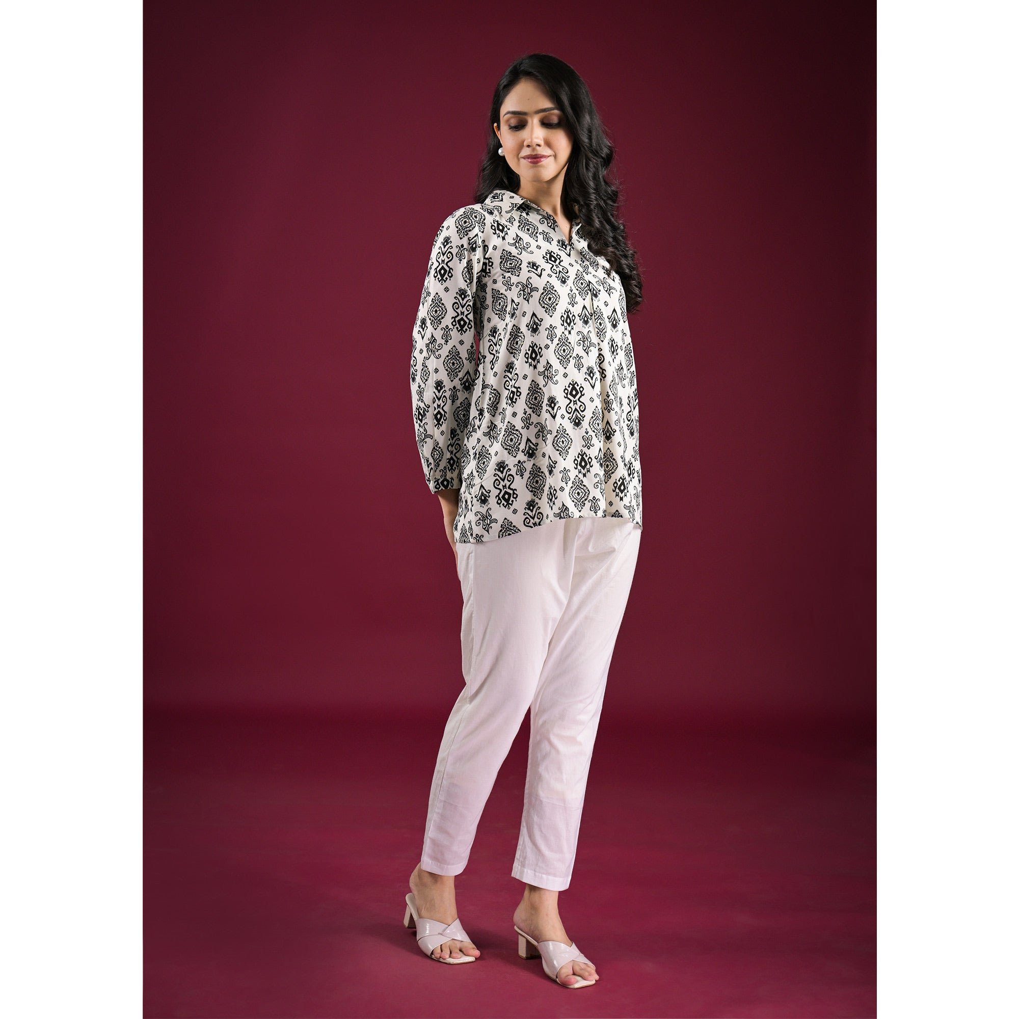 White & Black Floral Printed Rayon Top