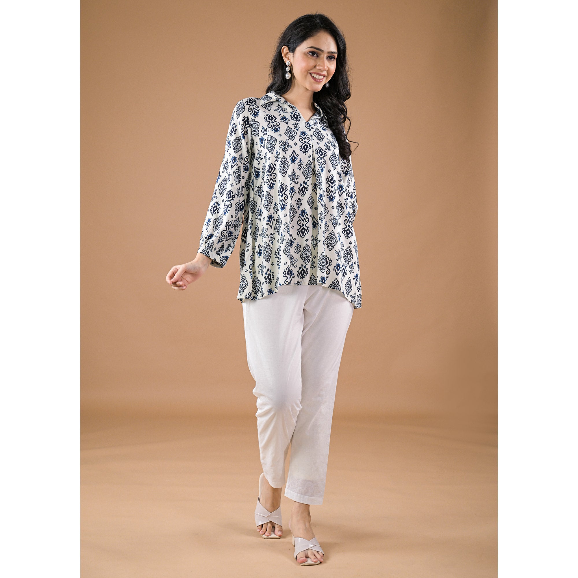 White & Blue Floral Printed Rayon Top