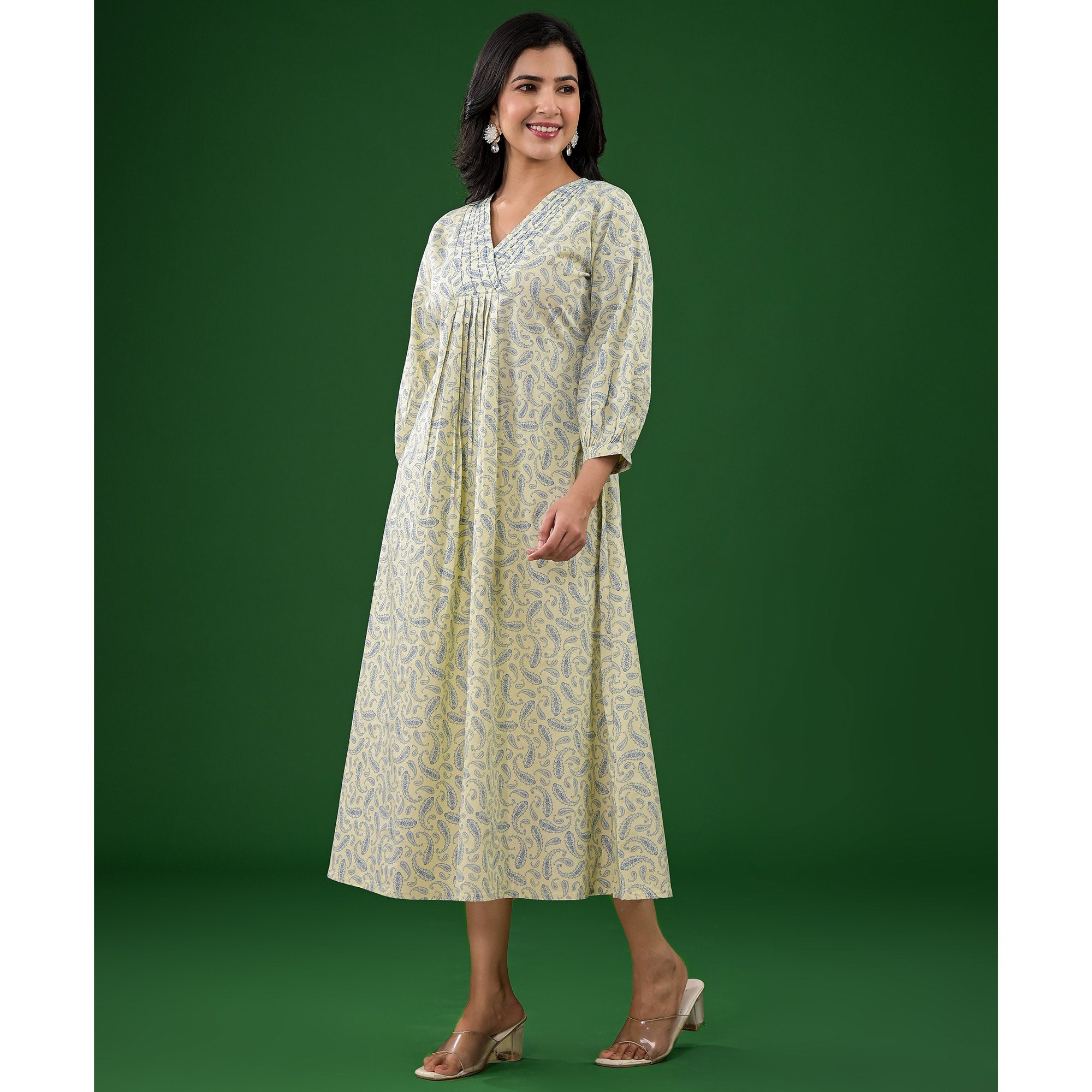 Light Lime Green Paisley Printed Pure Cotton A-Line Dress