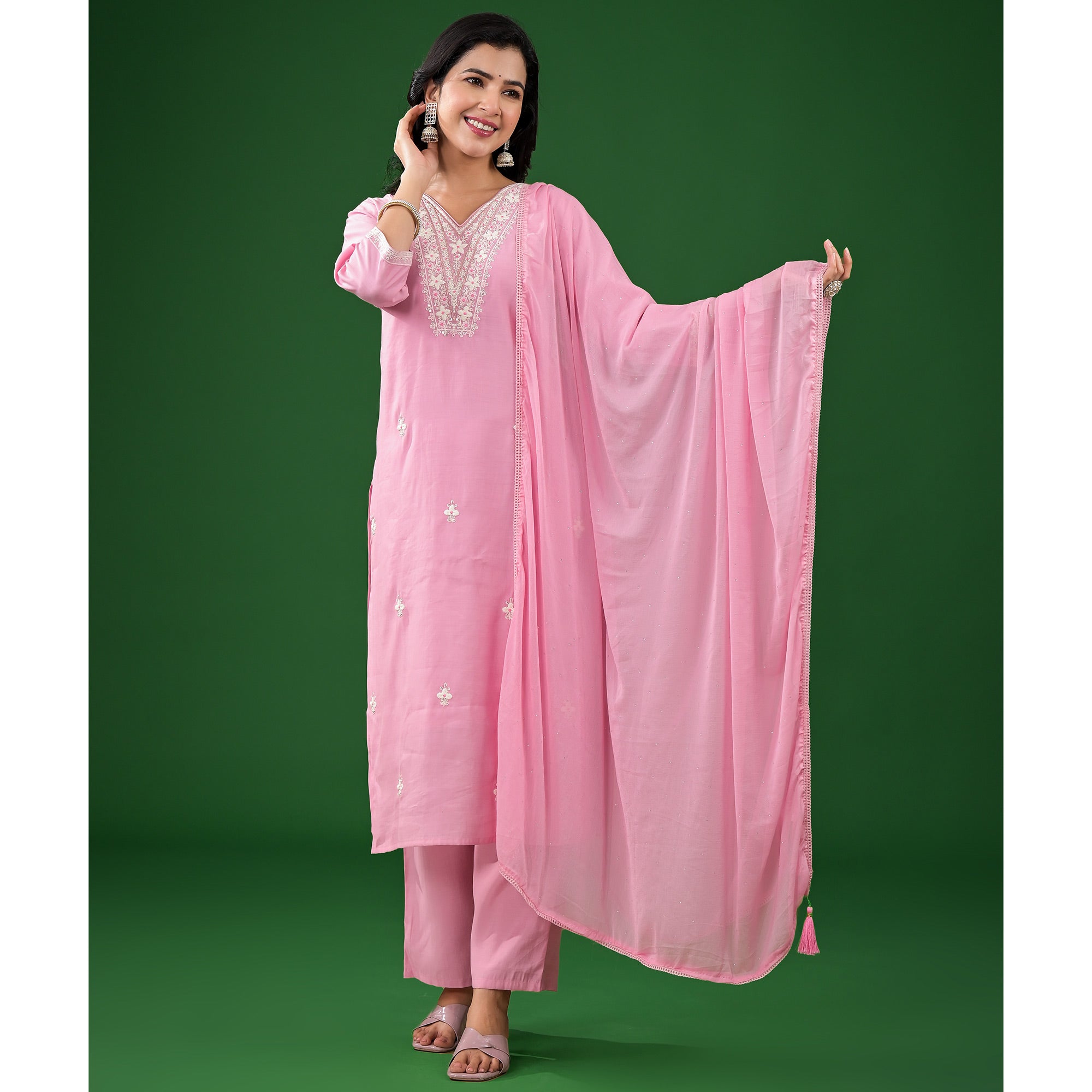 Pink Floral Embroidered Pure Silk Straight Salwar Suit