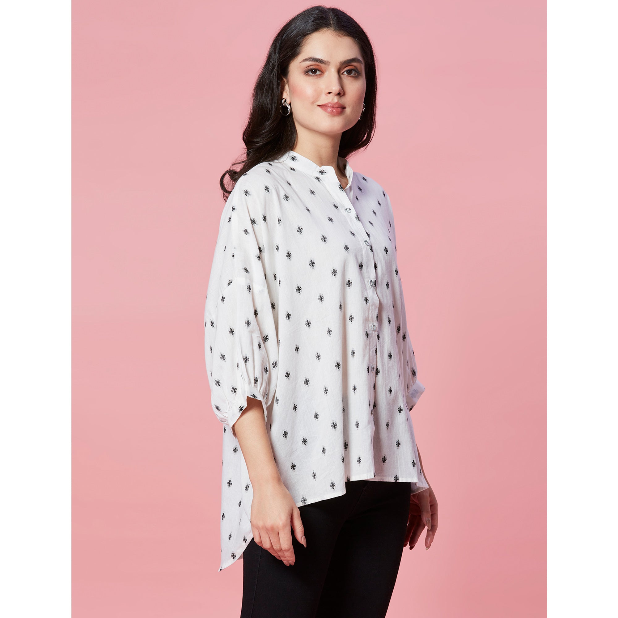 White Jacquard Butti Woven Pure Cotton Kimono Top