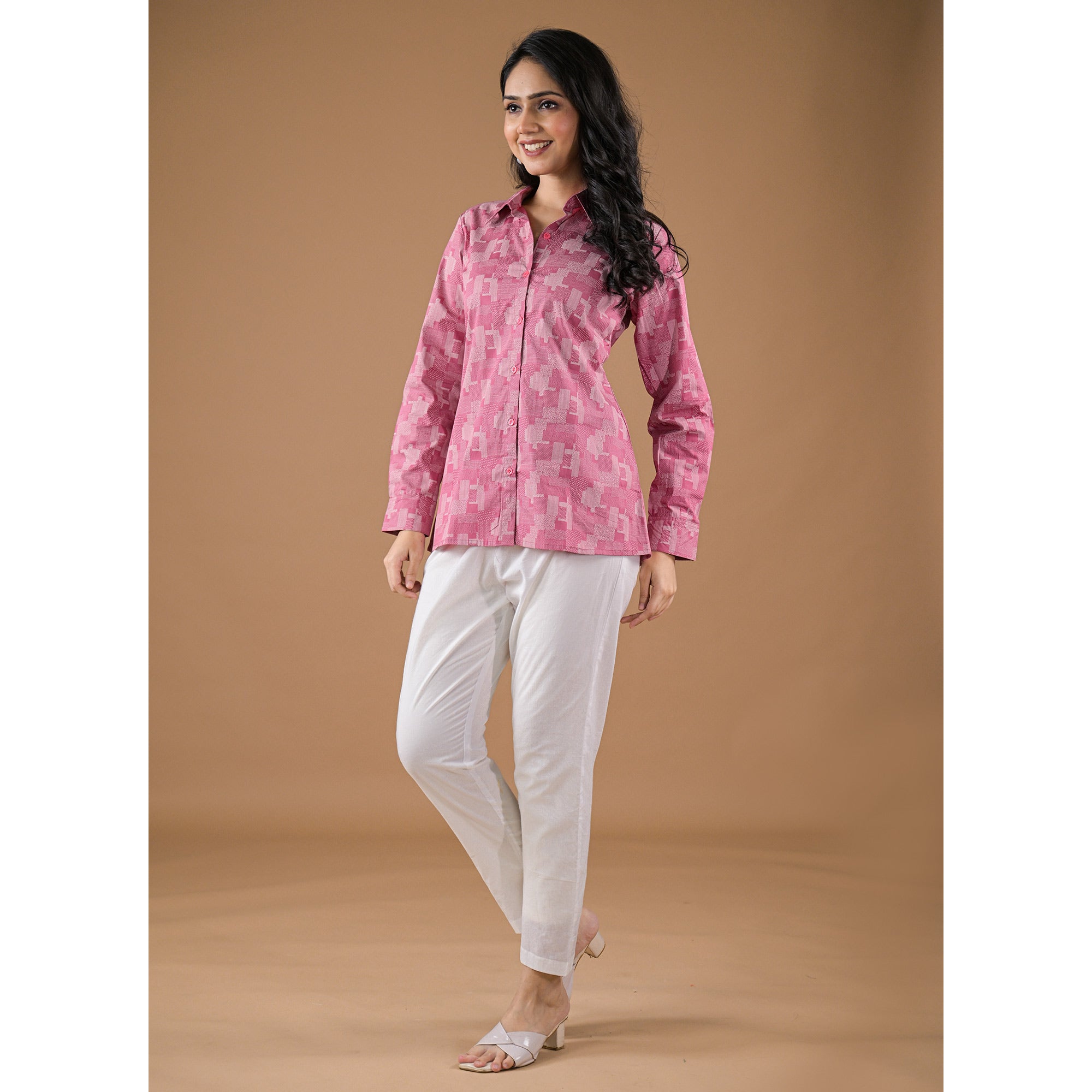 Pink Printed Cotton Blend Top