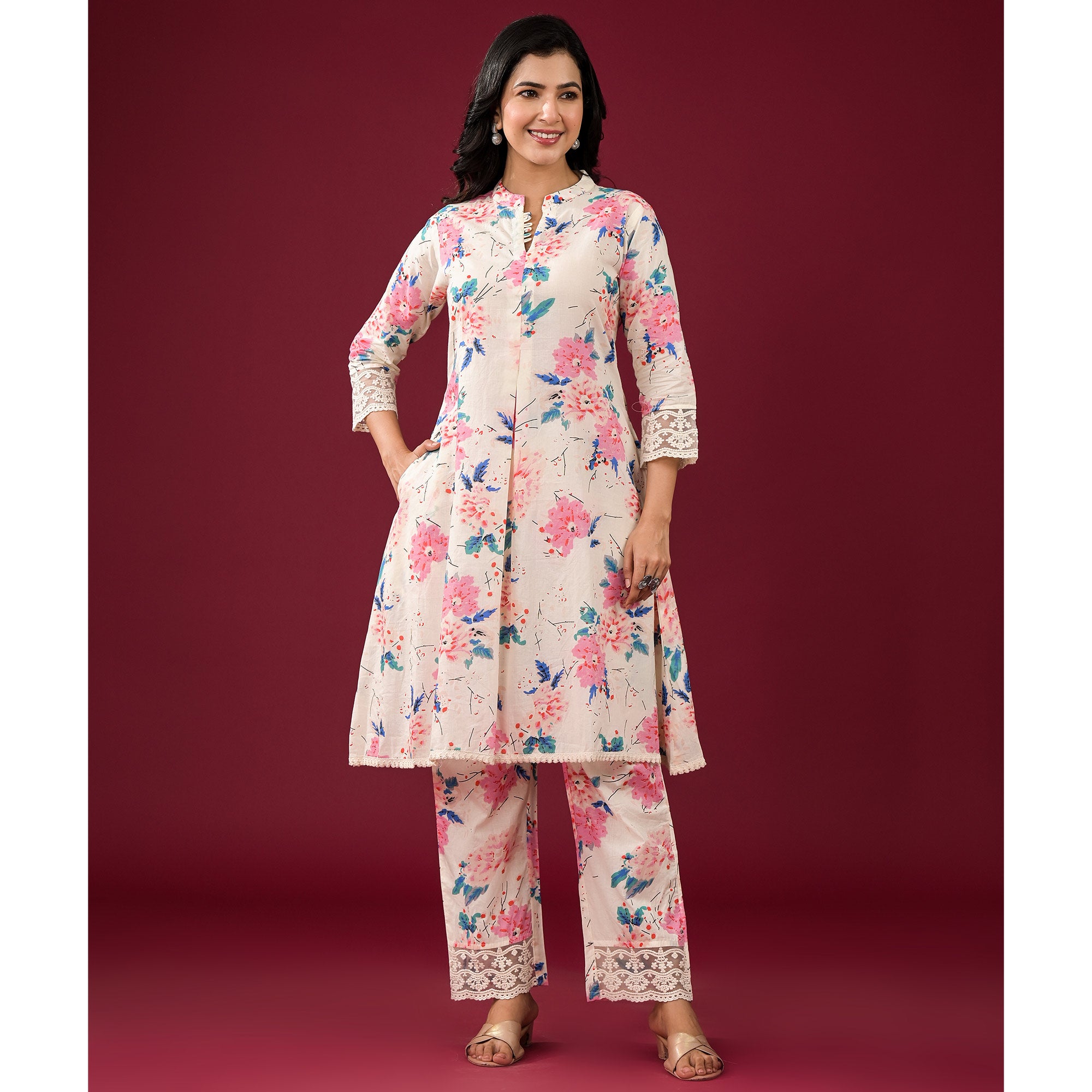Off White Floral Printed Pure Cotton Co-Ord Set