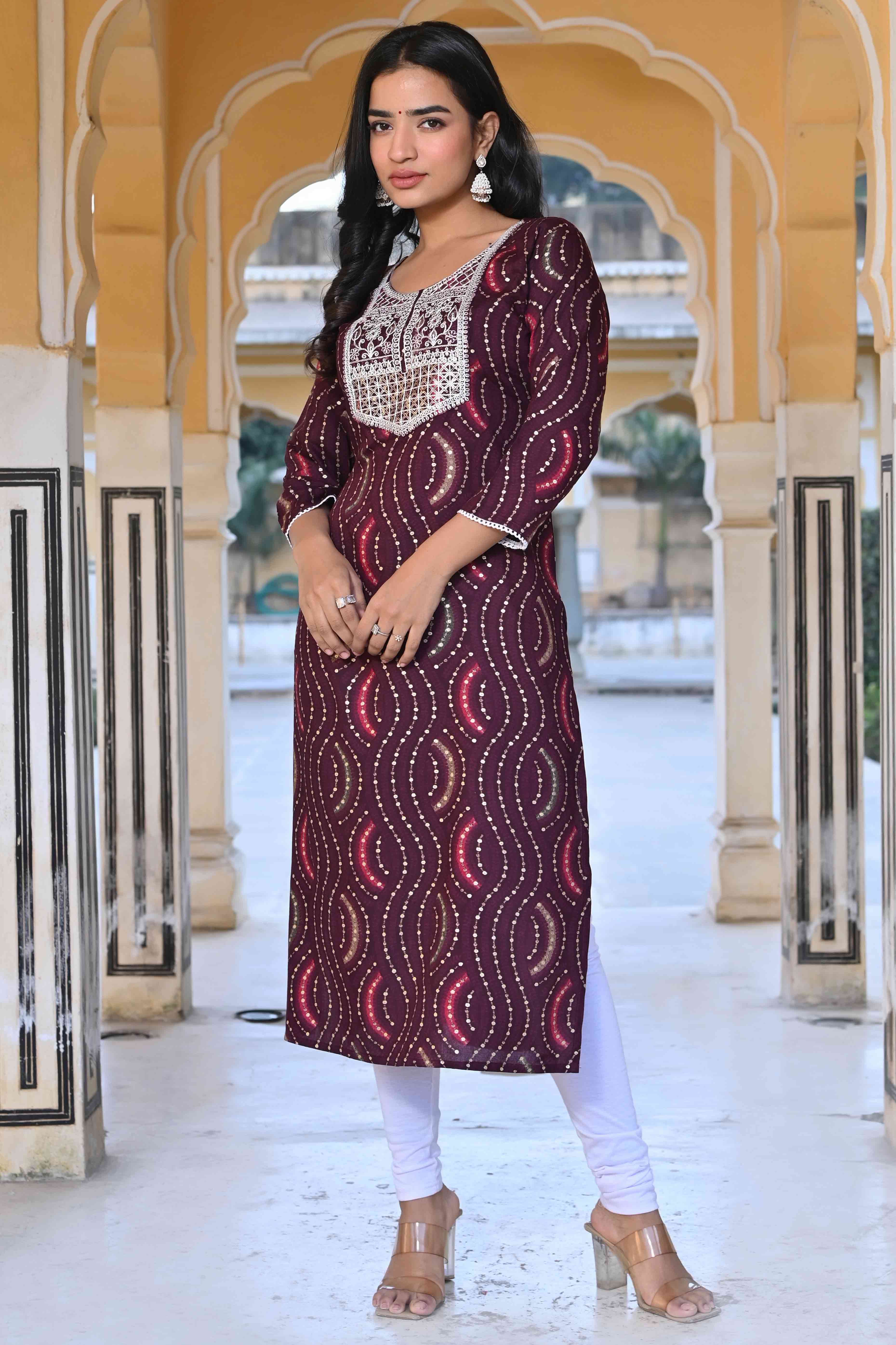 Wine Foil Printed Rayon Straight Kurti