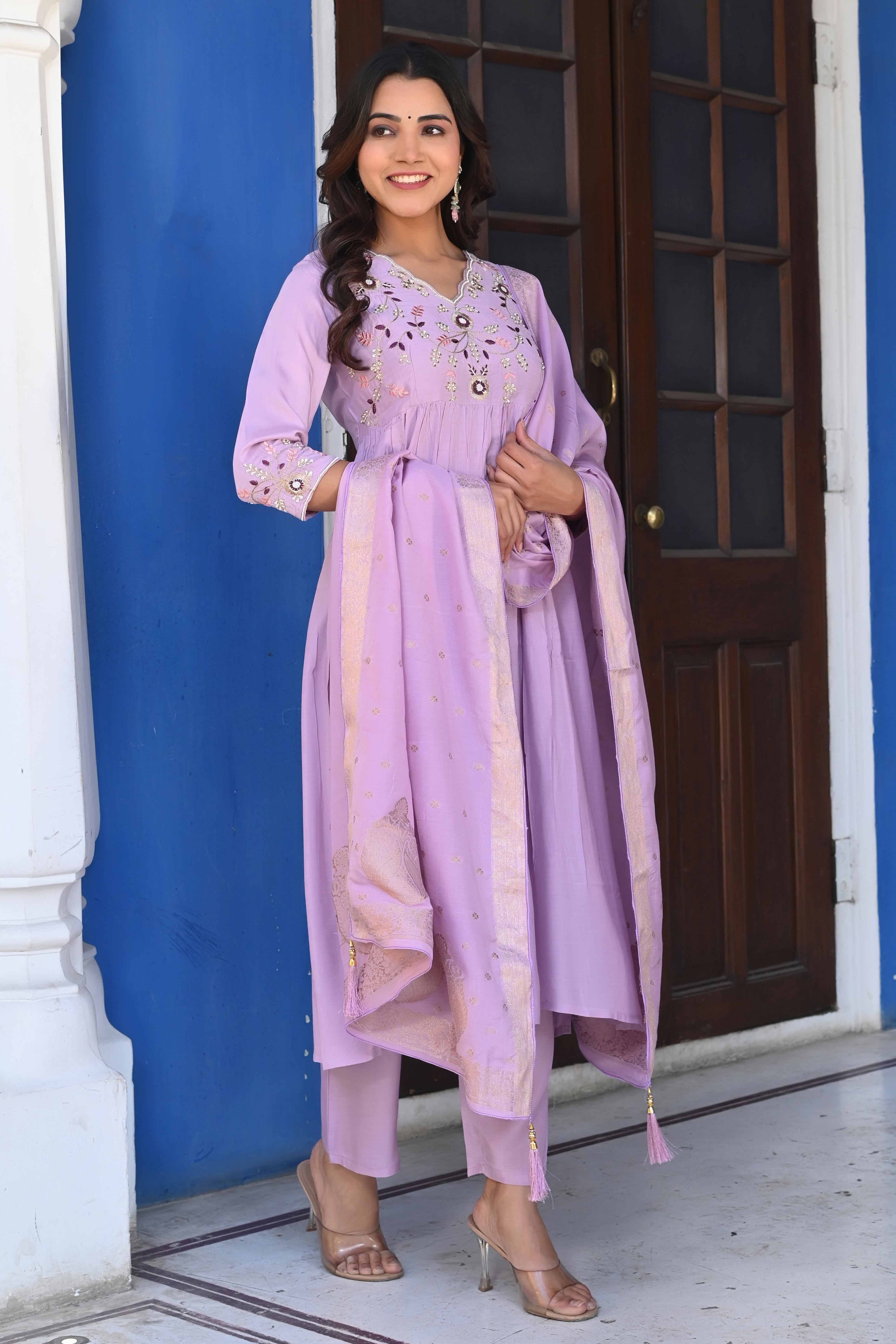 Lavender Floral Embroidered Muslin Anarkali Salwar Suit