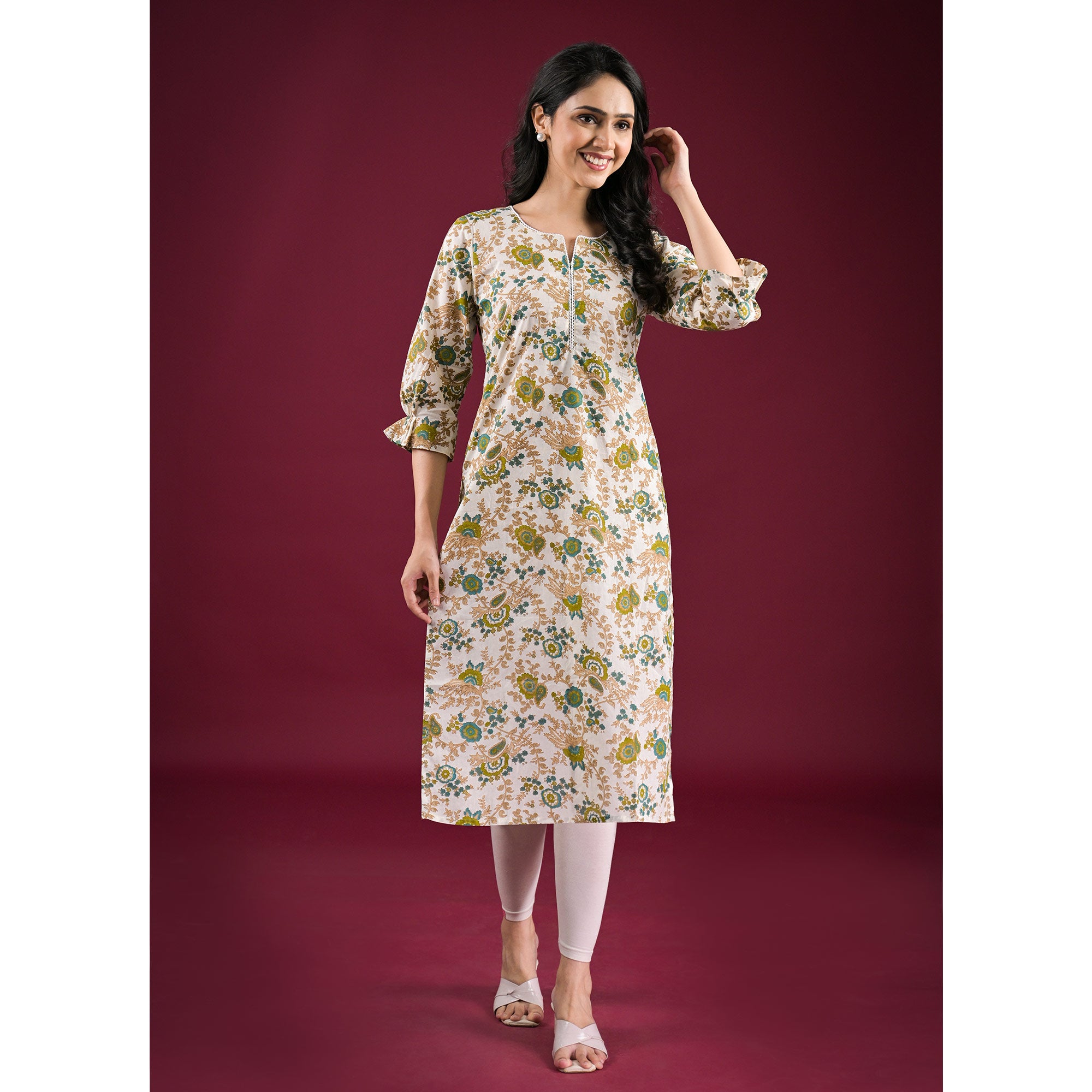 Off White Floral Printed Pure Cotton Straight Kurti