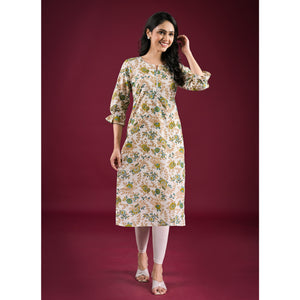Off White Floral Printed Pure Cotton Straight Kurti
