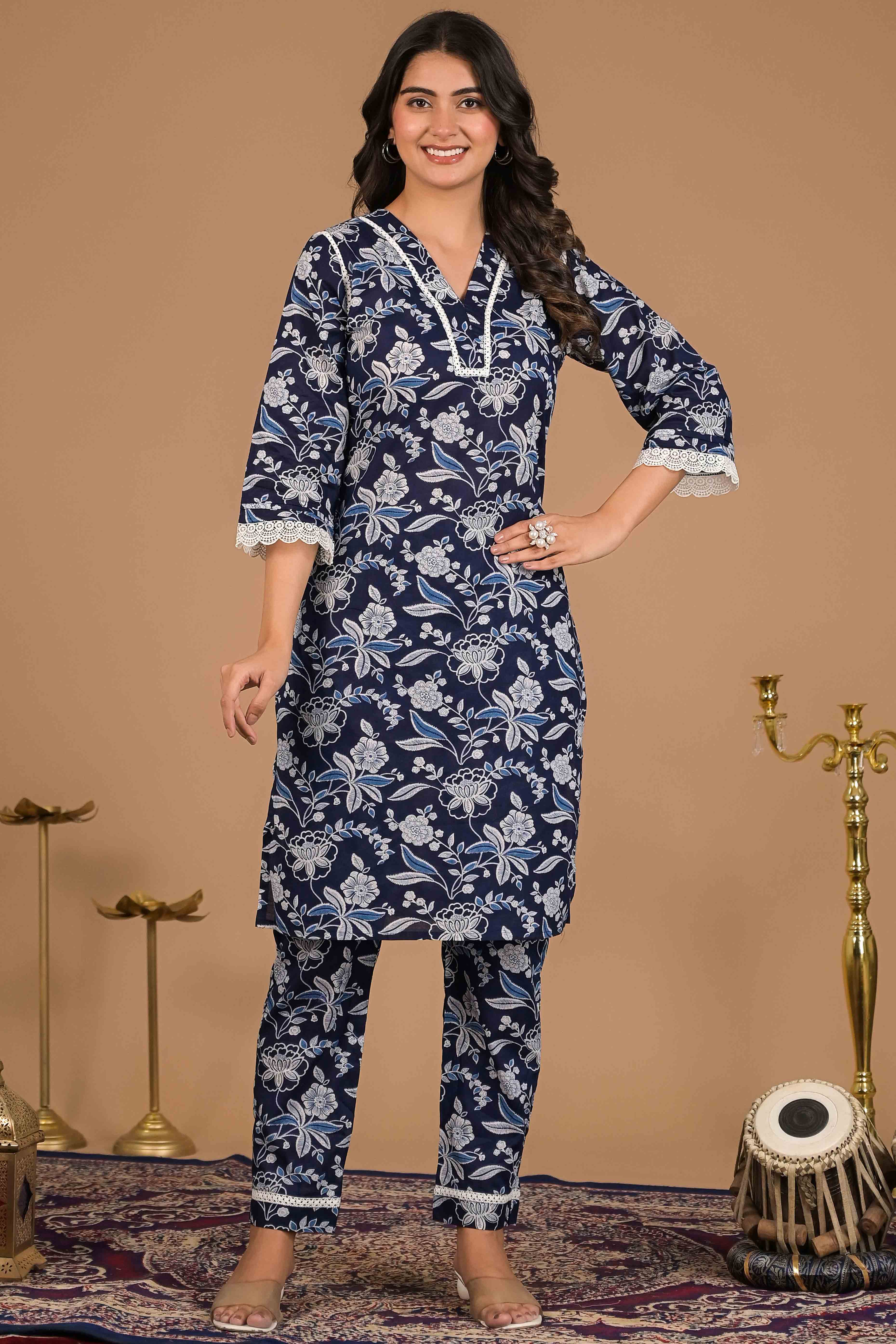 Navy Blue Floral Printed Pure Cotton Top Bottom Set
