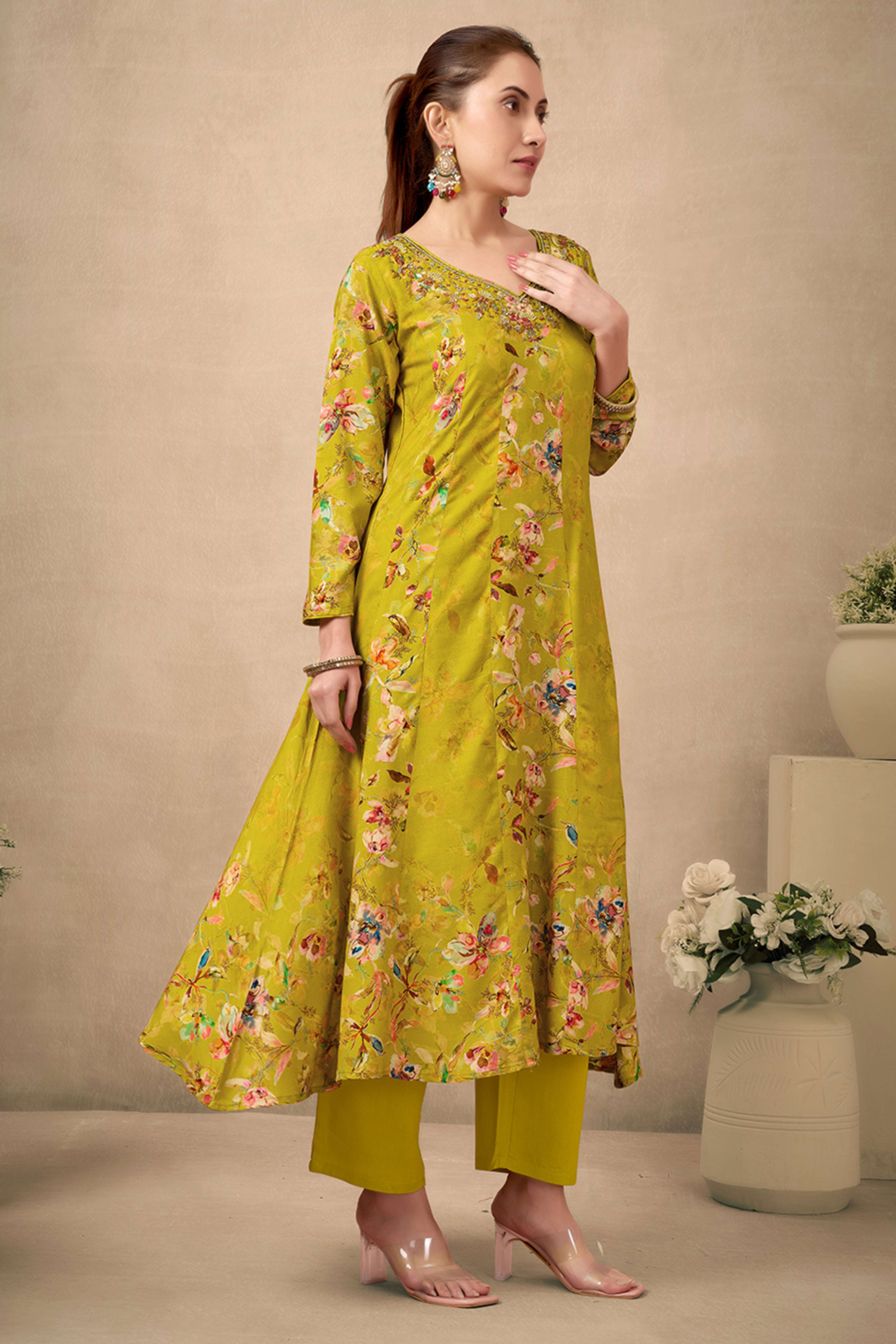 Mustard Floral Printed With Handwork On Neck Rayon Anarkali Salwar Suit