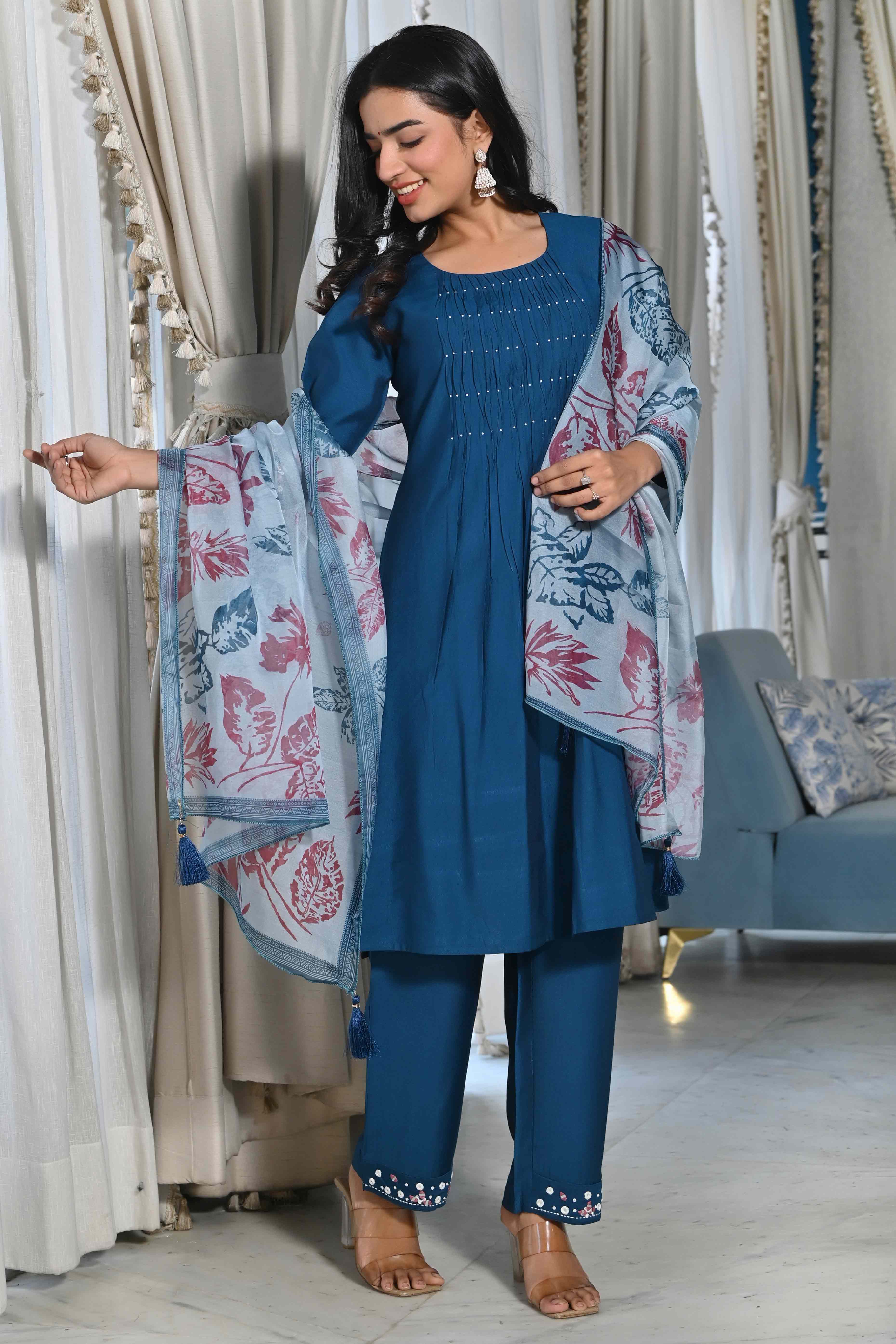 Blue Embroidered Viscose Salwar Suit