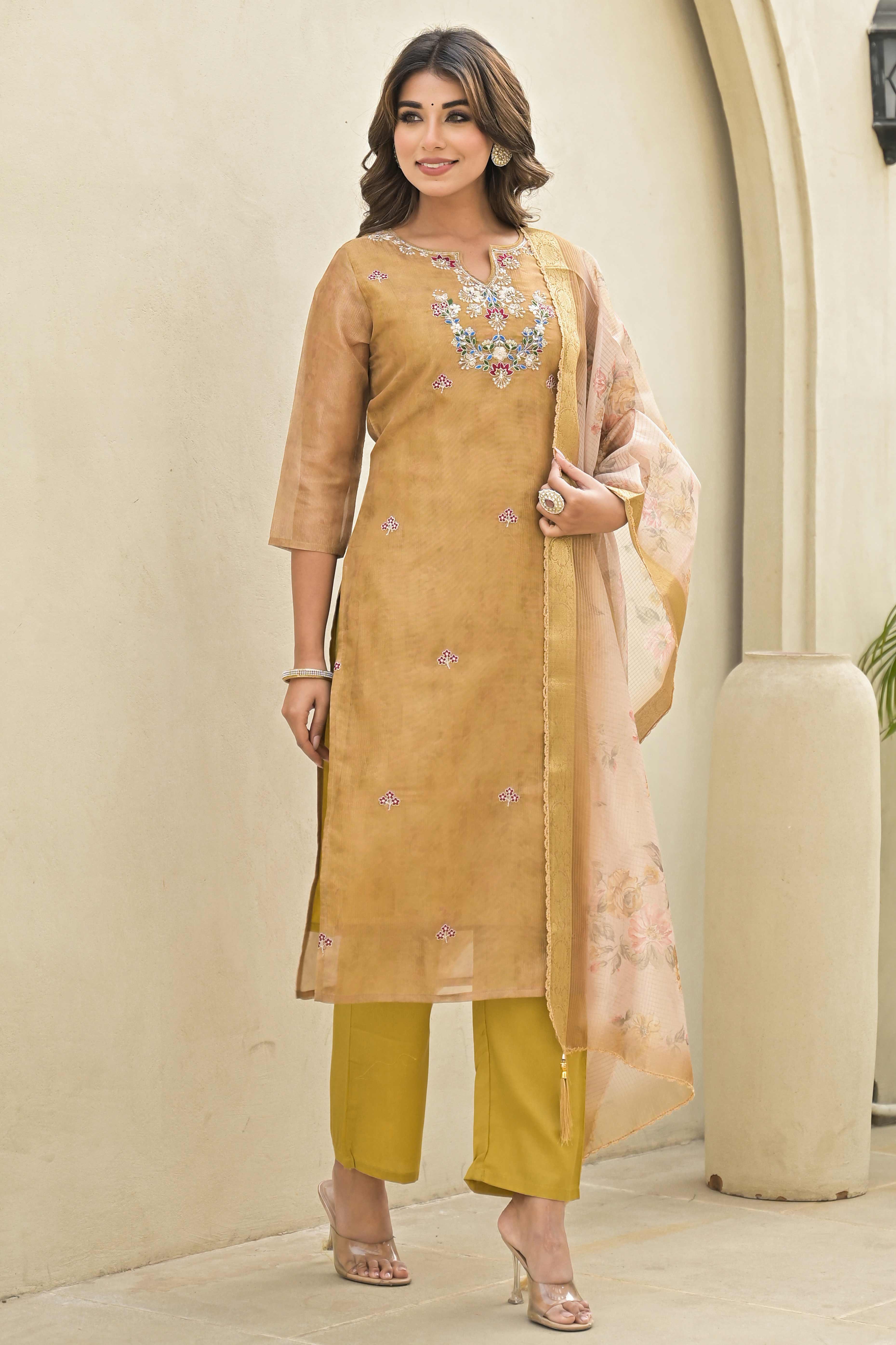 Golden Embroidered Crush Chanderi Salwar Suit