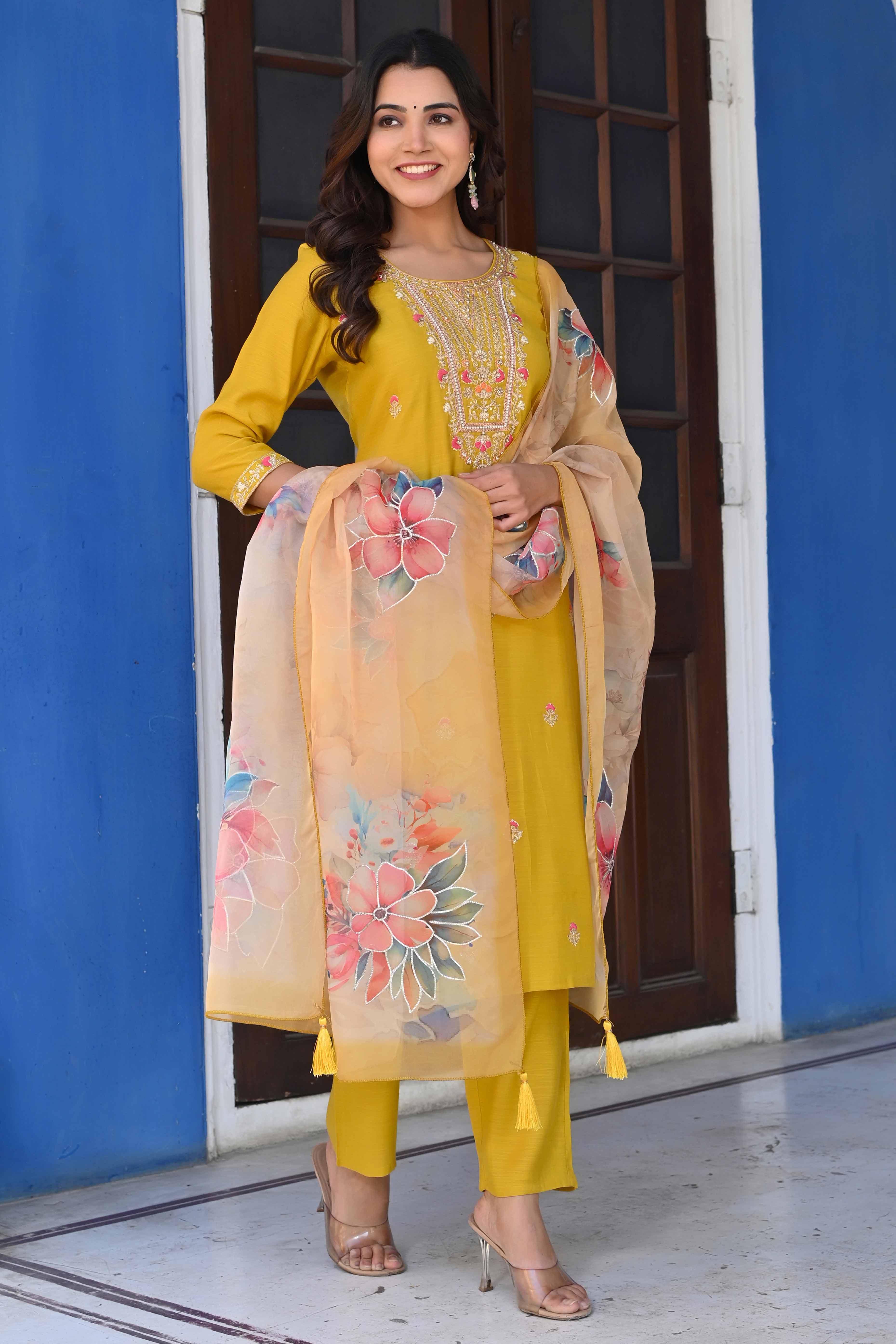 Mustard Handwork Embroidered Viscose Straight Salwar Suit