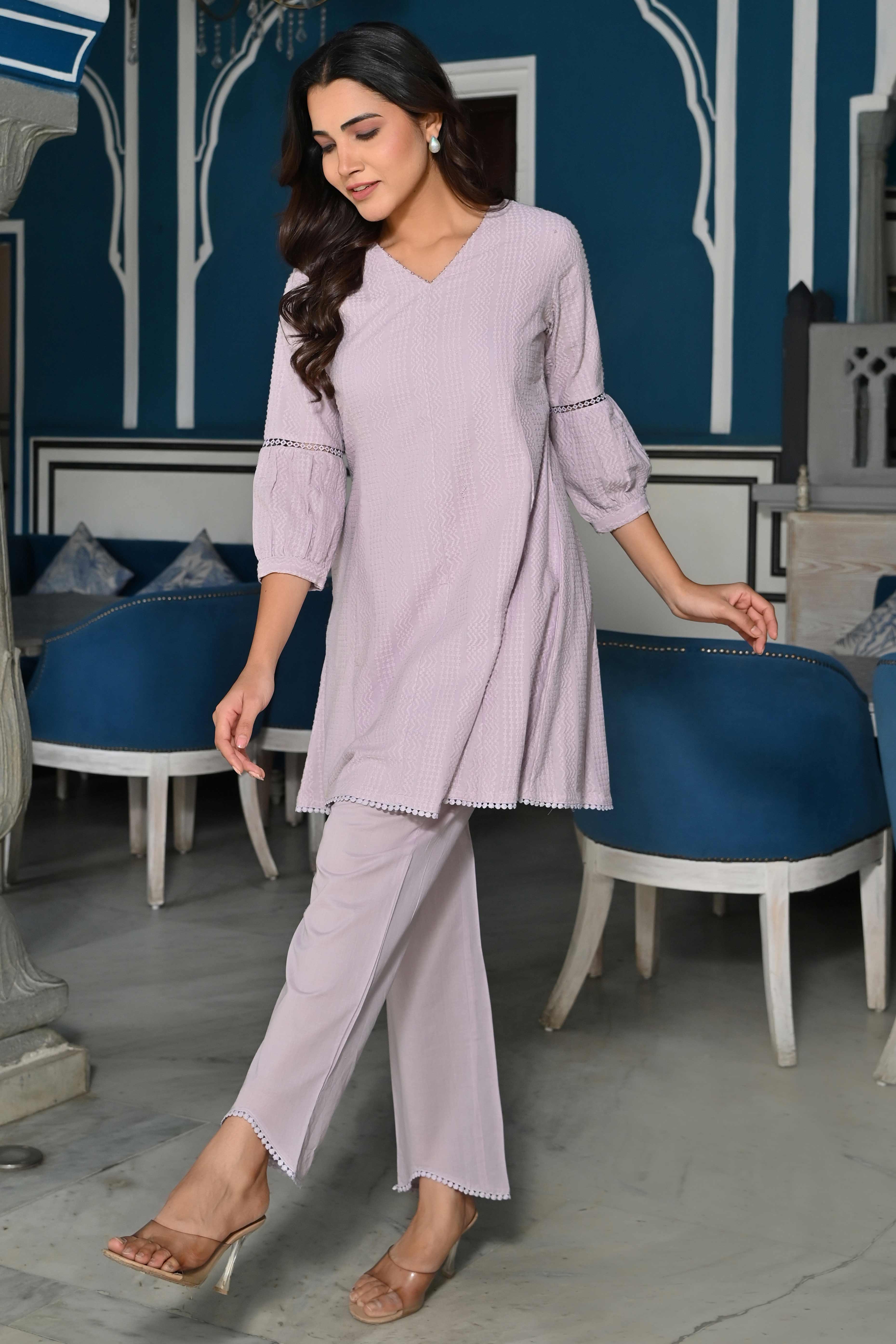 Lavender Dobby Work Pure Cotton Co-Ord Set