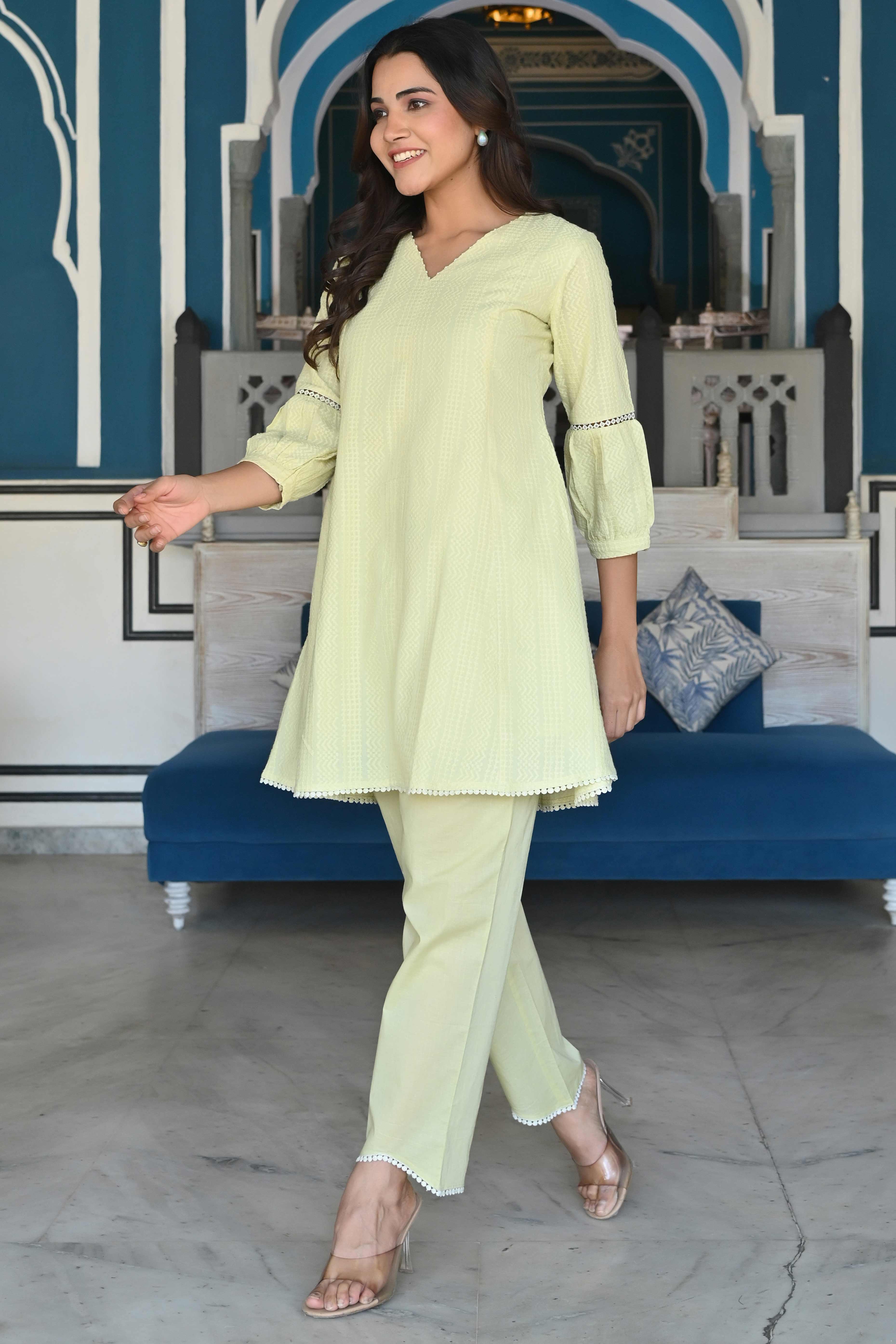 Lemon Yellow Dobby Work Pure Cotton Co-Ord Set