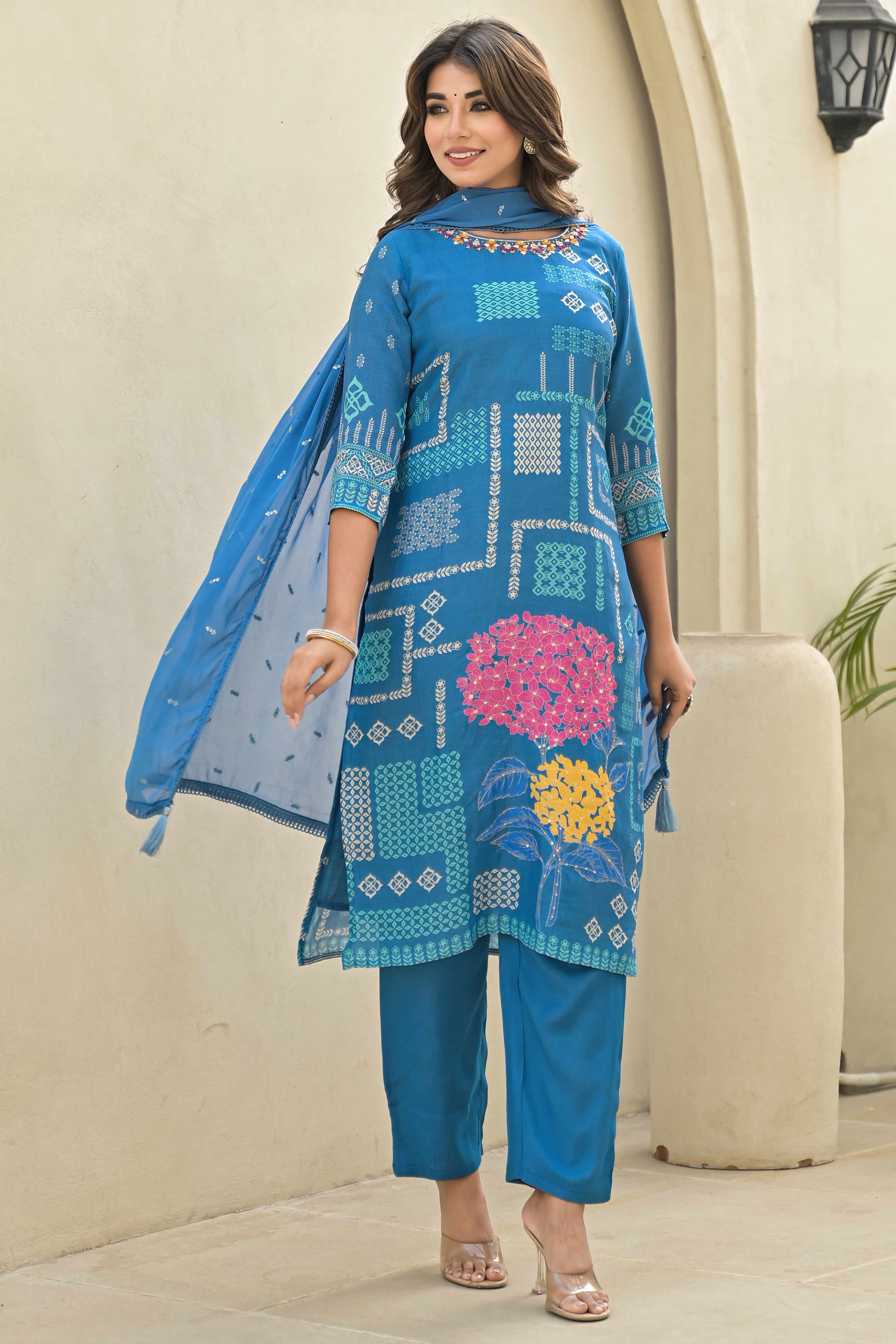 Blue Floral Printed Muslin Straight Salwar Suit