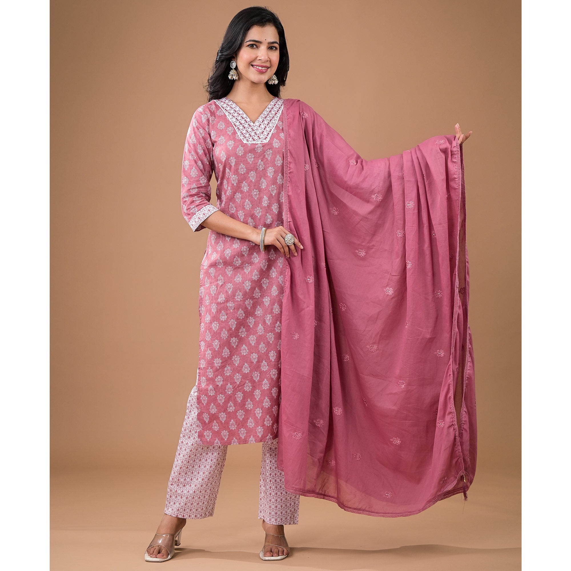 Pink Floral Printed Pure Cotton Salwar Suit