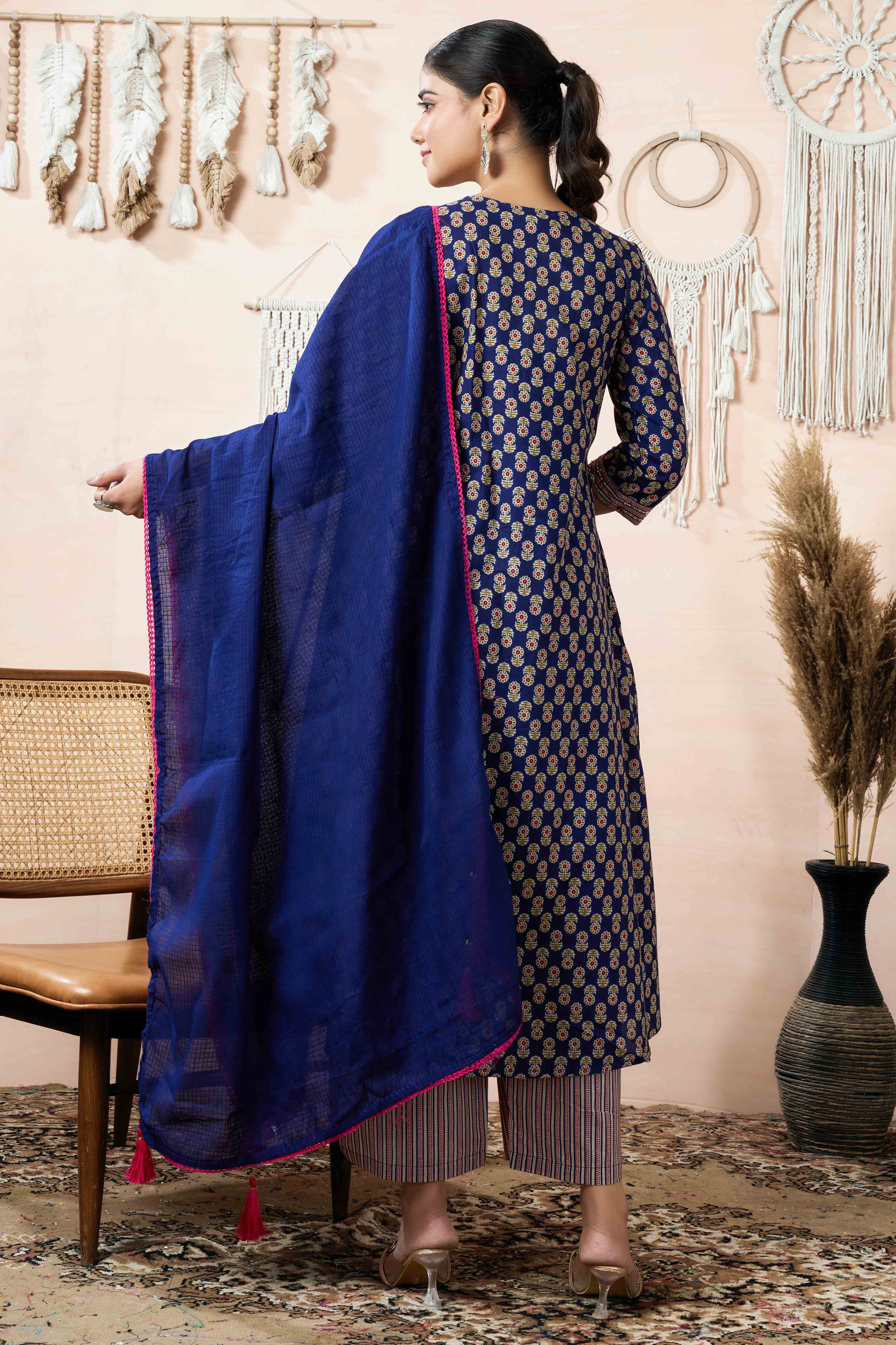 Navy Blue Floral Printed Pure Cotton A-Line Salwar Suit