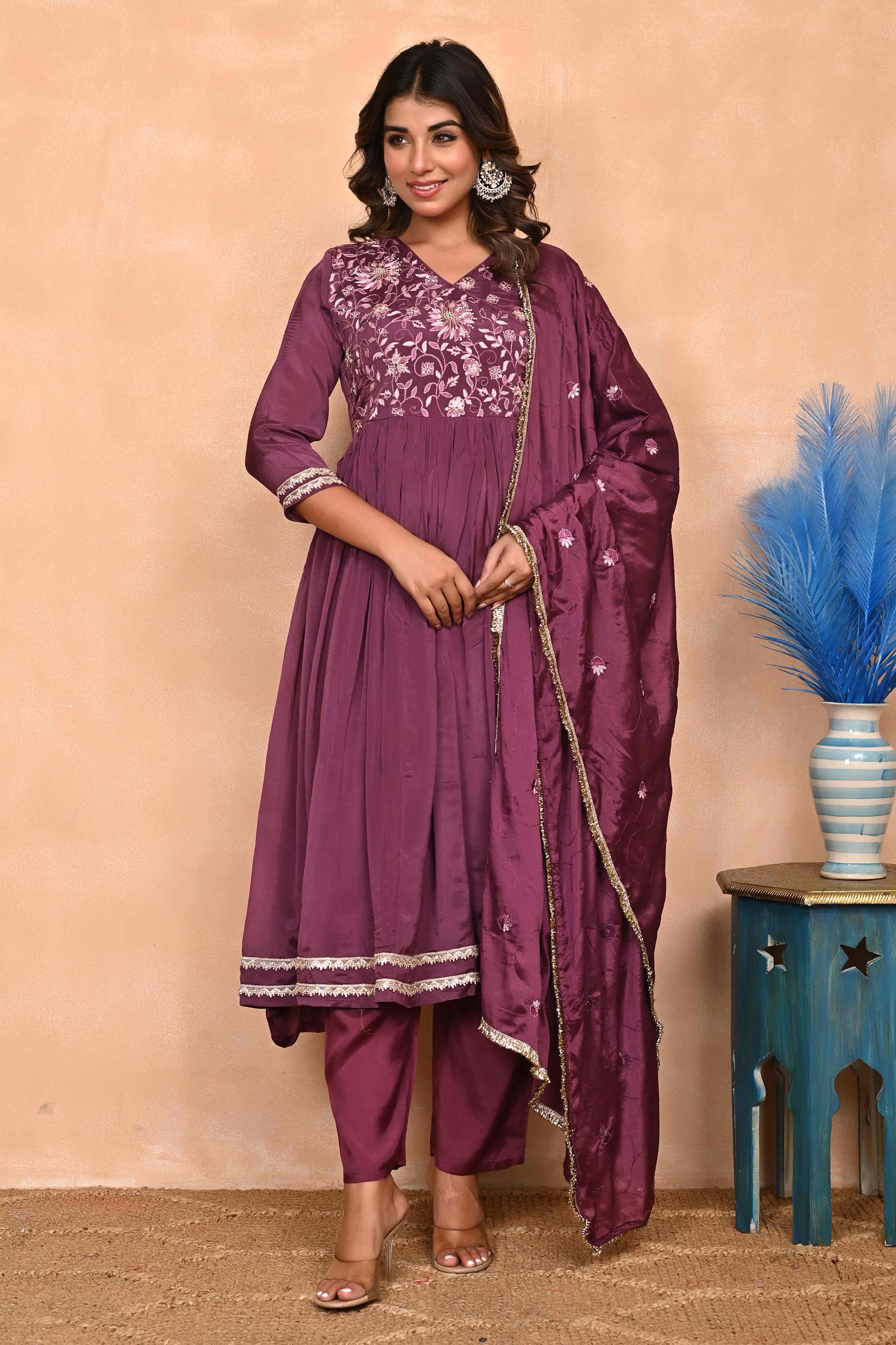 Plum Purple Chinon Anarkali with Floral Pattern & Hand-Beaded Embroidery