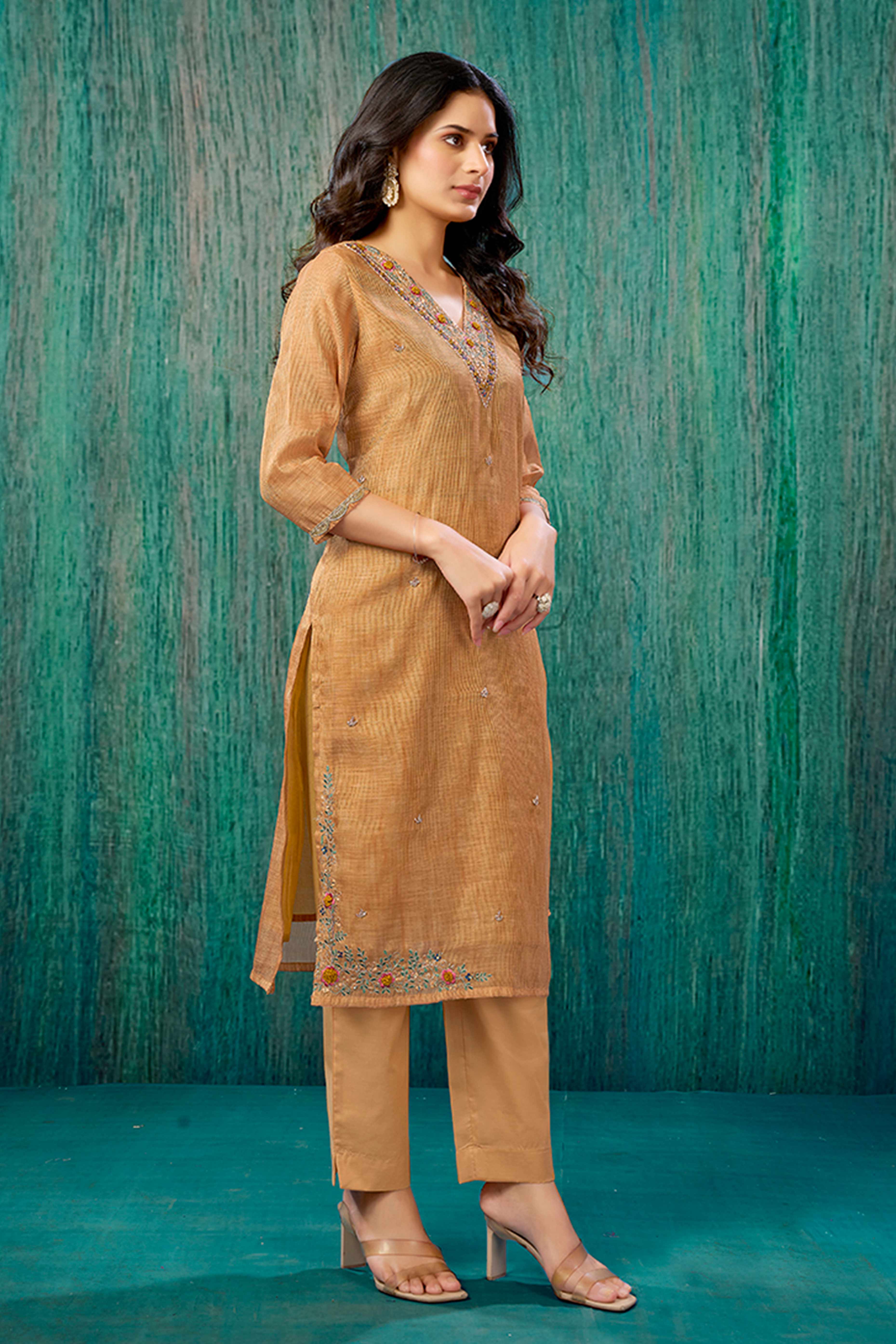 Orange Thread Work Embroidered Linen Straight Salwar Suit