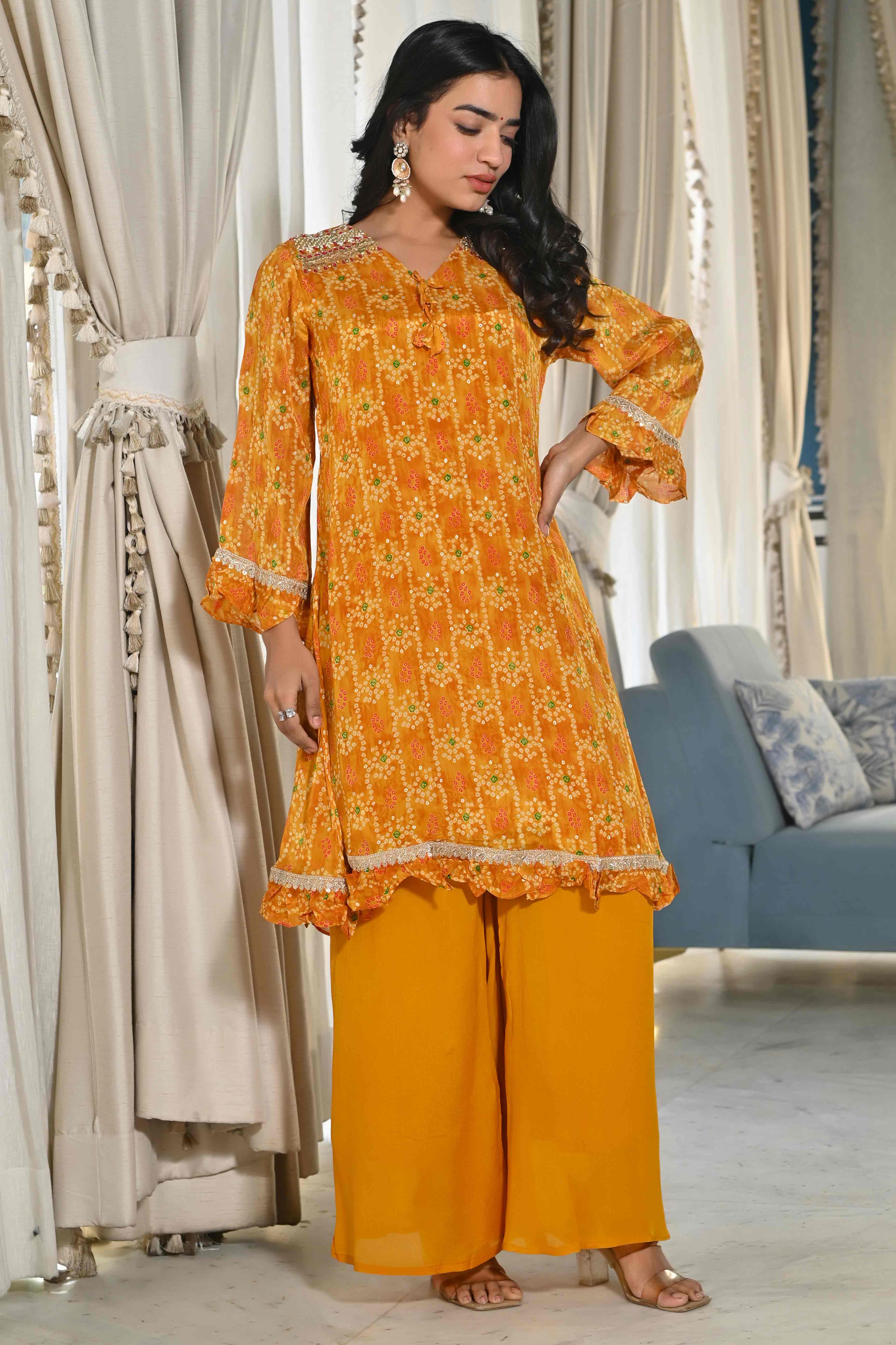 Mustard Bandhani Printed Chinon Co-Ord Set