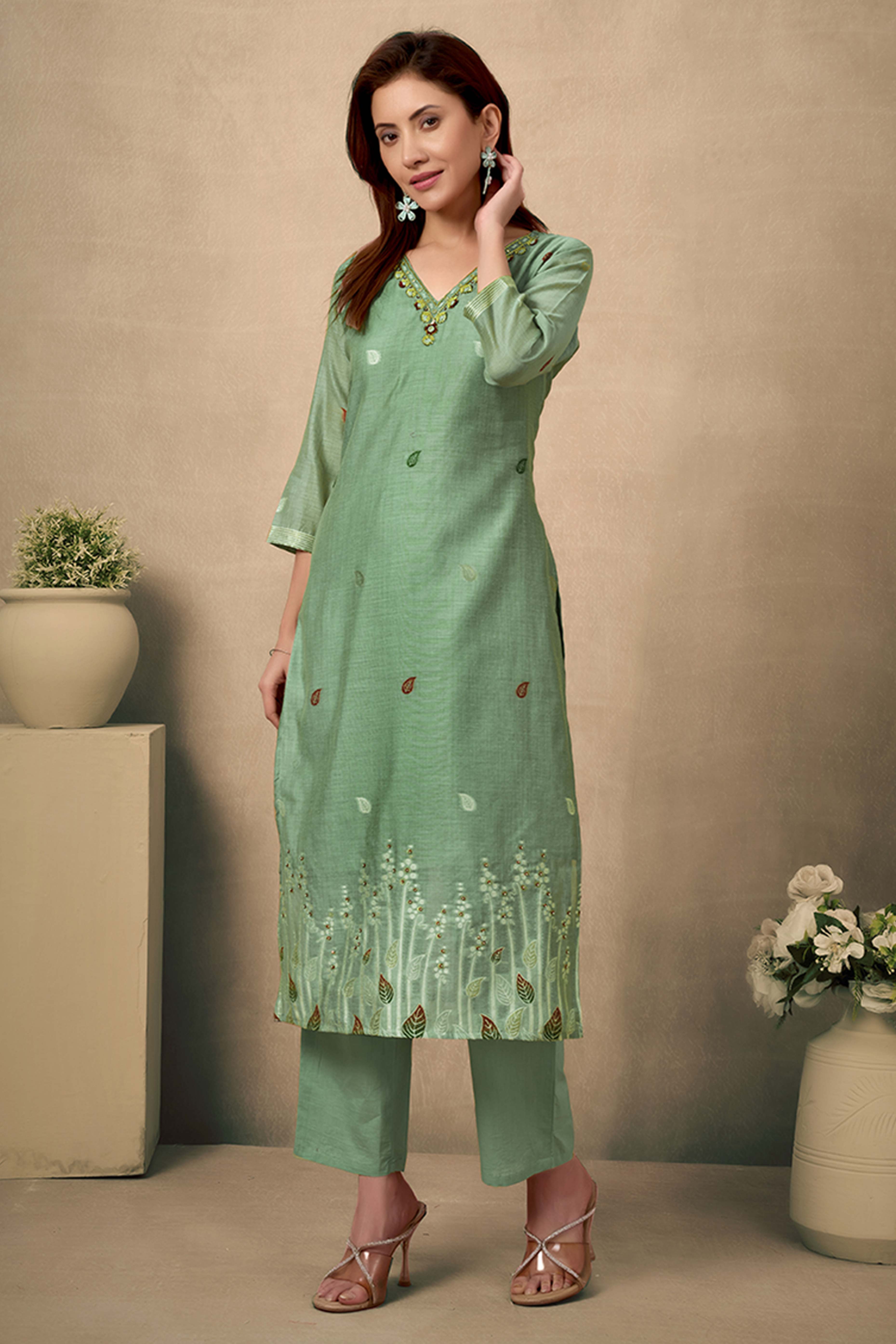 Light Green Hand-Embroidered Chanderi Jamdani Suit with Luxe Details