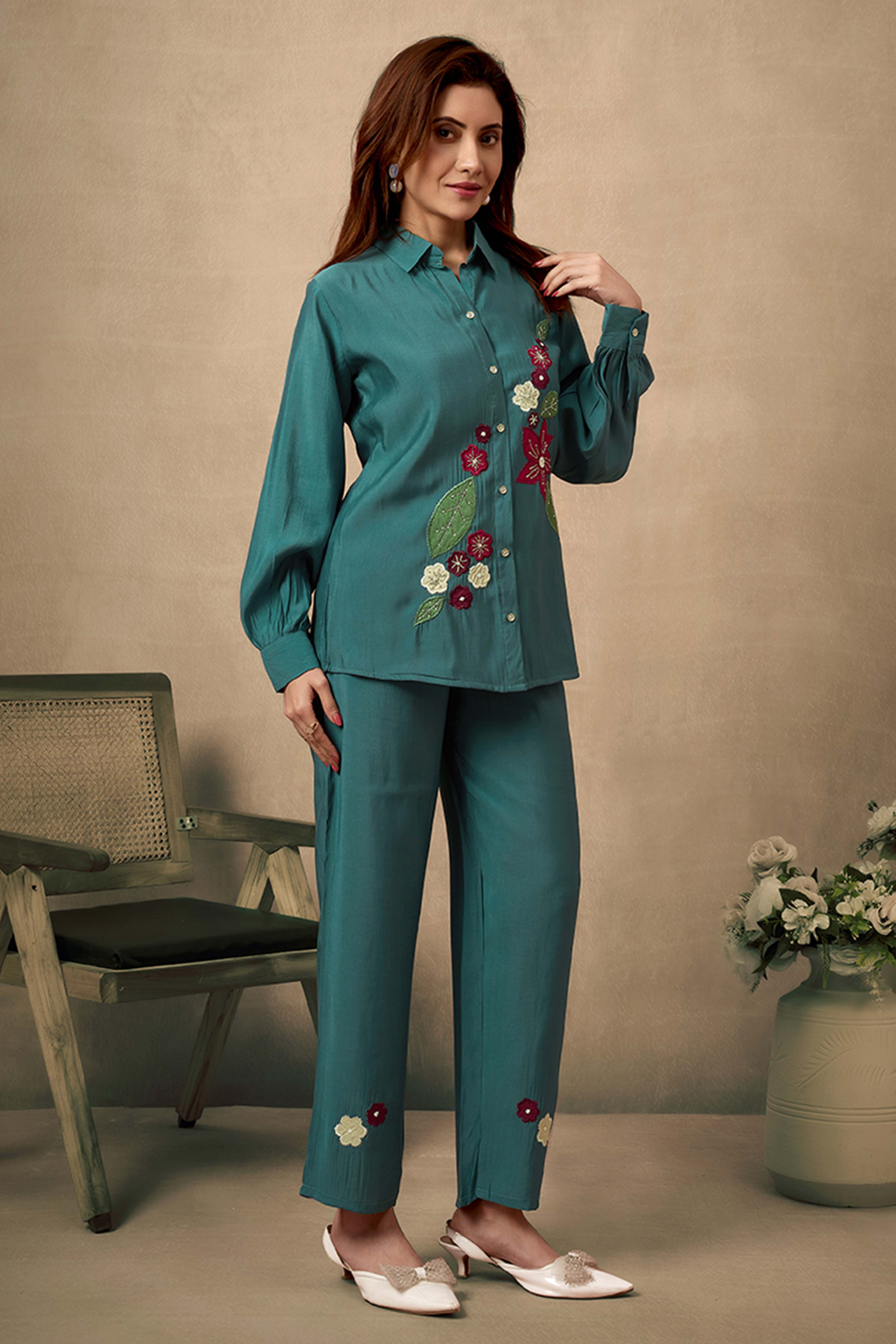 Dark Teal Elegance Chanderi Silk Floral Patchwork Co-Ord Set