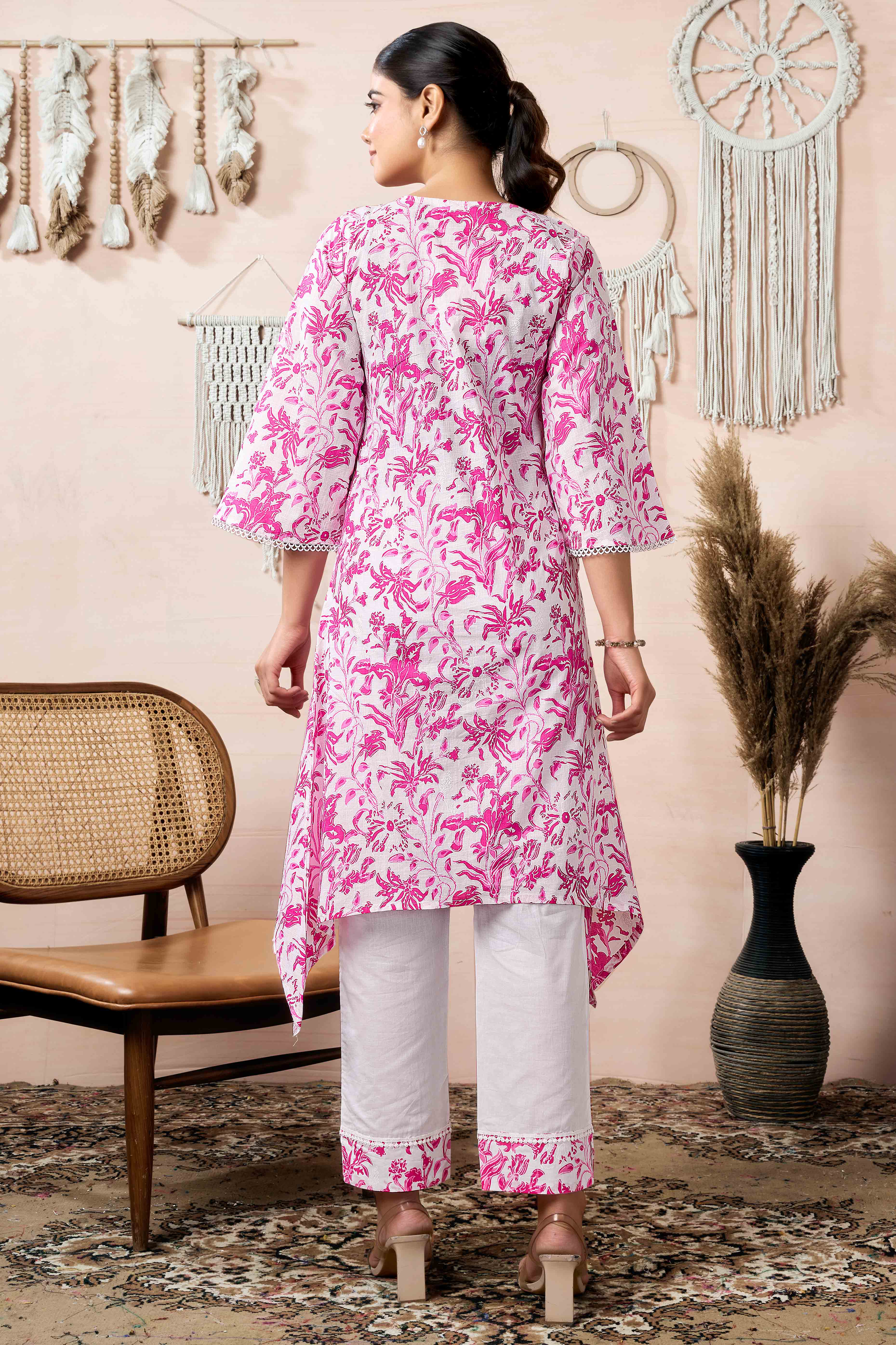 White & Pink Floral Printed Pure Cotton A-Line Top Bottom Set