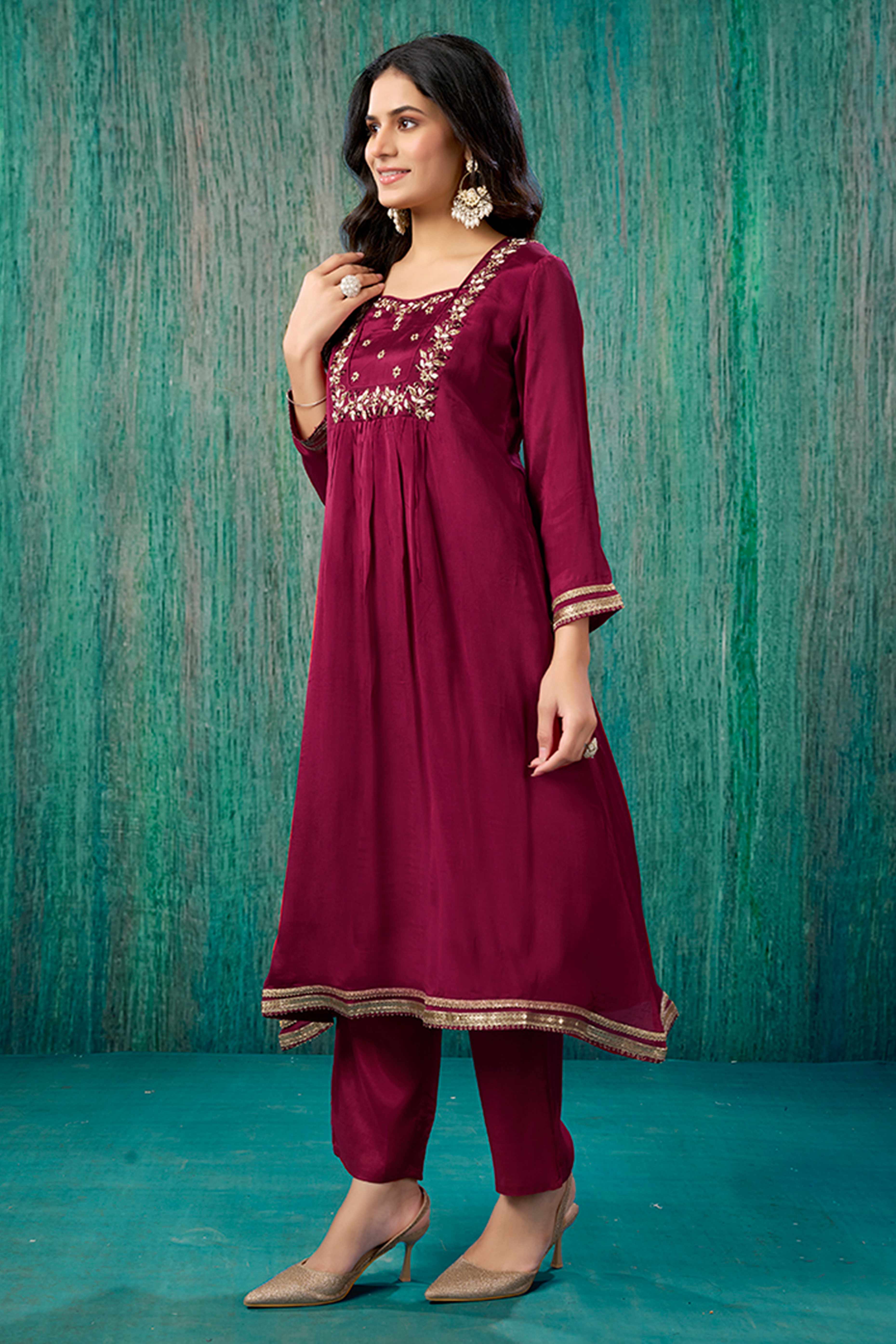 Maroon Floral Zardosi Embroidered Chinon Anarkali Salwar Suit