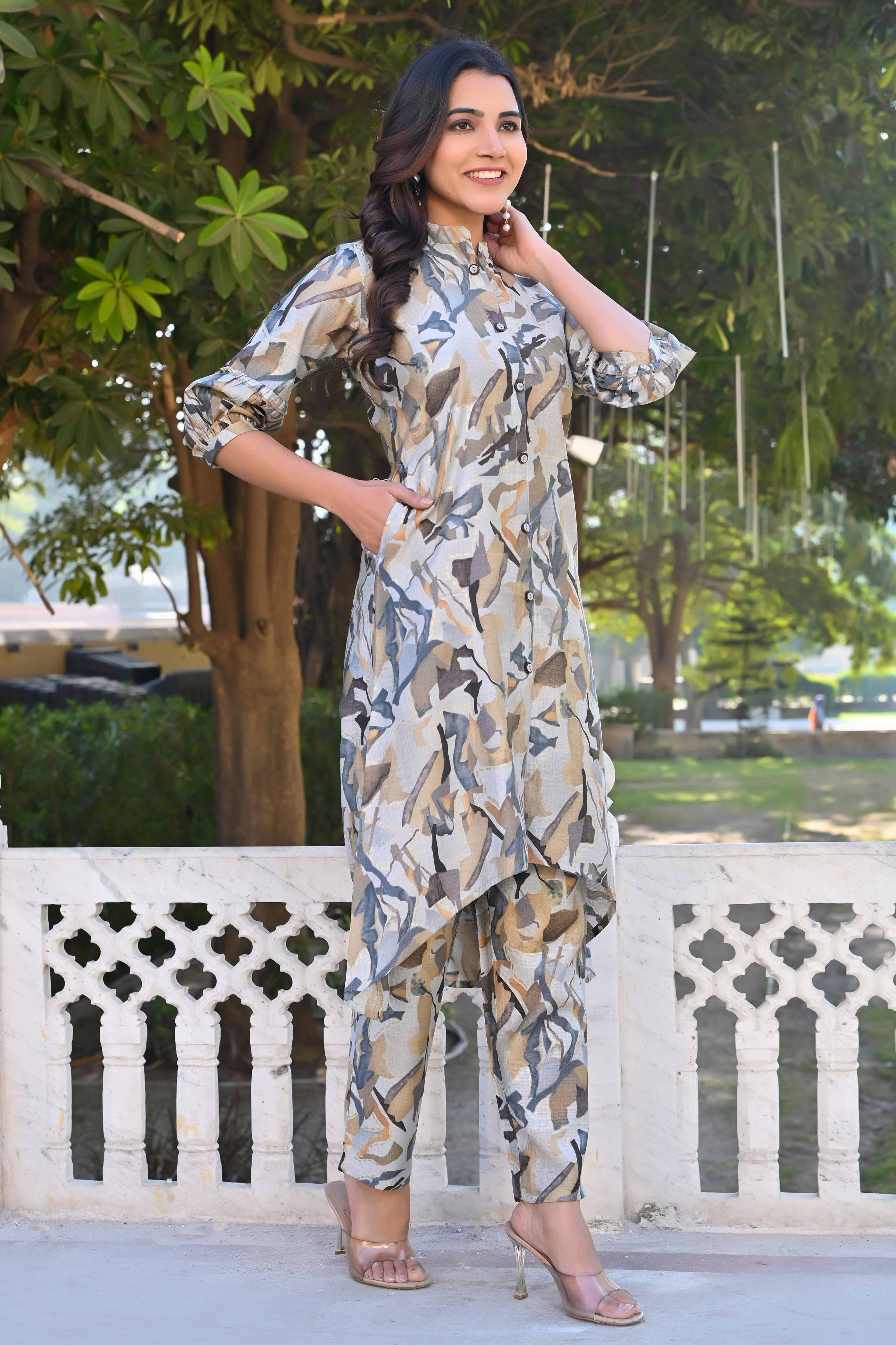Grey Printed Heavy Viscose A-Line Co-Ord Set