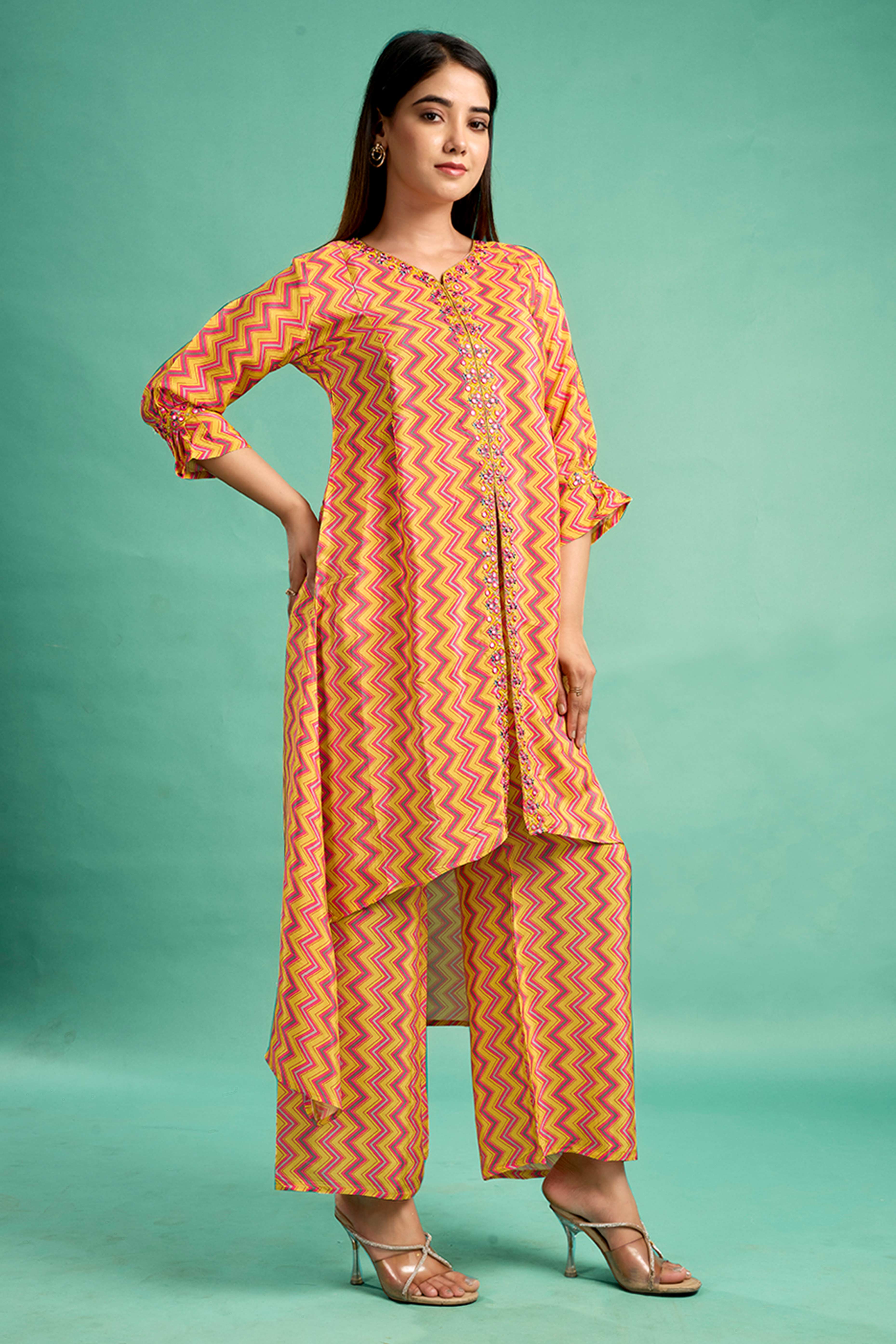 Yellow Zig Zag Printed Muslin Front Slit Co-Ord Set